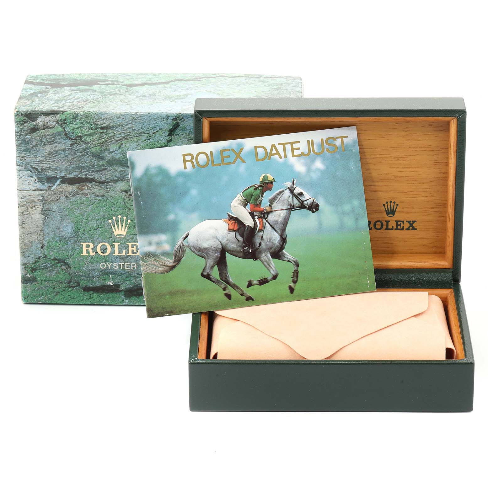 The image shows a Rolex Datejust 27465 Men
s Steel and Gold (two tone) Black Dial 27465 Men
s Steel and Gold (two tone) Black Dial box with an open lid, booklet, and packaging material inside.