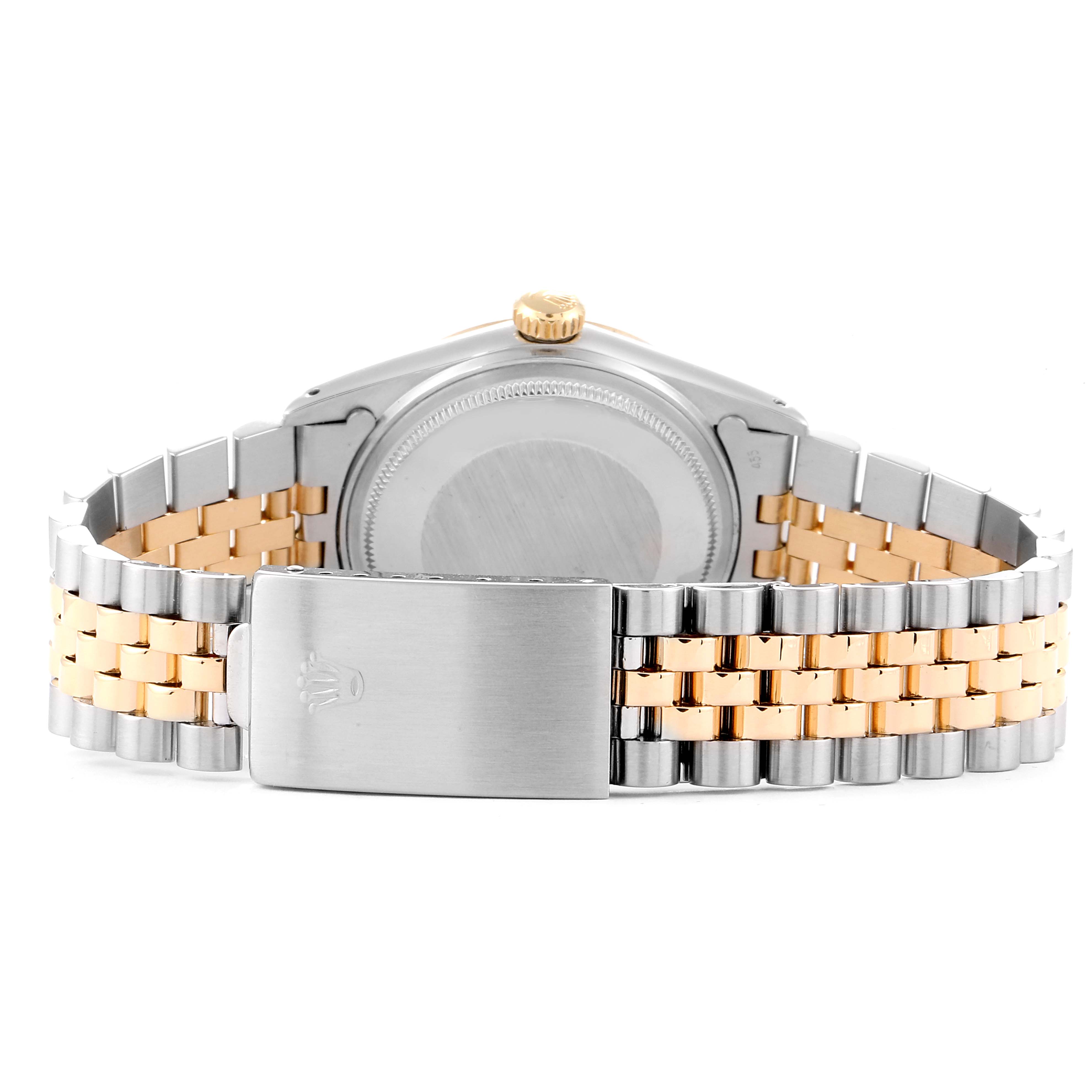 The image shows the back view of a Rolex Datejust 27465 Men
s Steel and Gold (two tone) Black Dial 27465 Men
s Steel and Gold (two tone) Black Dial watch, highlighting the case back, crown, and two-tone jubilee bracelet with a clasp.