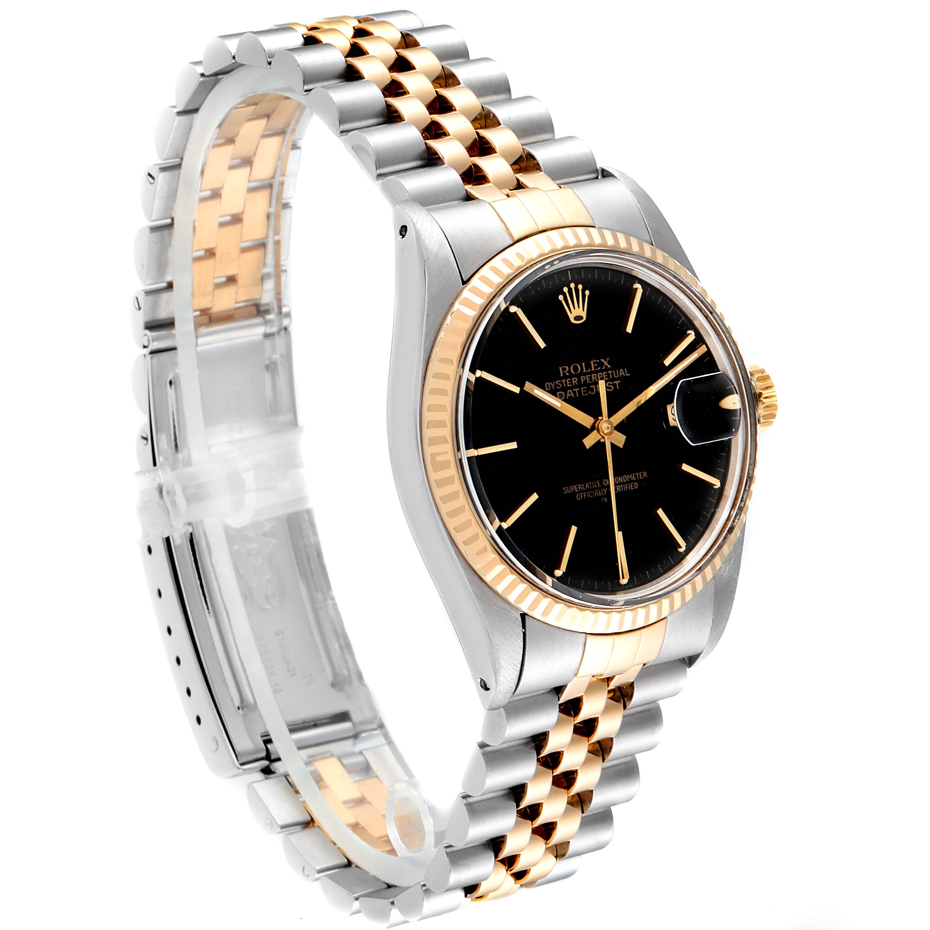 This Rolex Datejust 27465 Men
s Steel and Gold (two tone) Black Dial 27465 Men
s Steel and Gold (two tone) Black Dial watch is shown at a side angle, displaying the gold and silver bracelet, black dial, and fluted bezel.