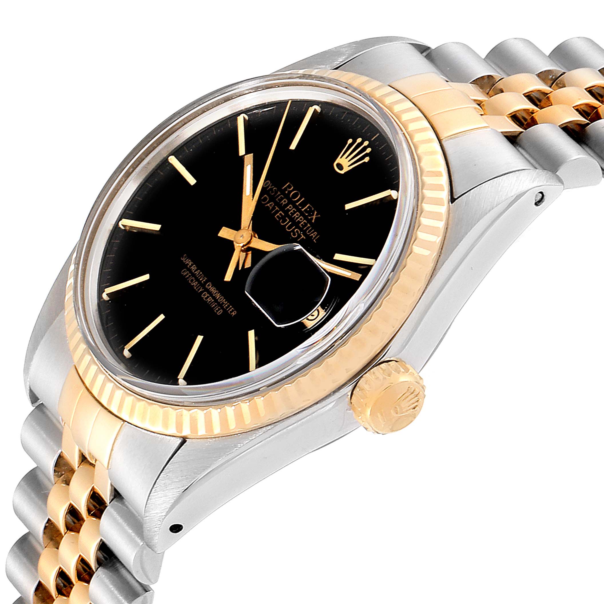 This image shows a close-up side angle of the Rolex Datejust 27465 Men
s Steel and Gold (two tone) Black Dial 27465 Men
s Steel and Gold (two tone) Black Dial watch, featuring the dial, crown, and part of the bracelet.