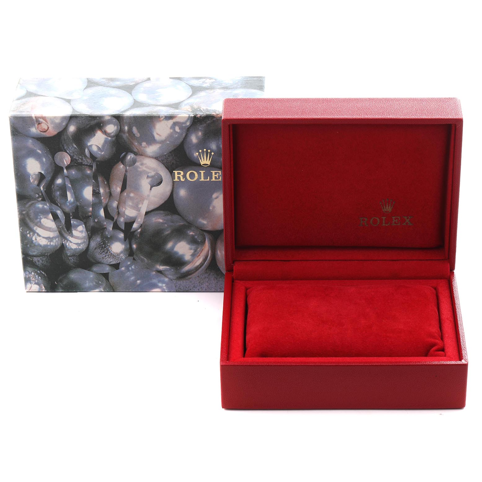 The image shows a Rolex Datejust 69173 Women
s Steel and Gold (two tone) Champagne Dial 69173 Women
s Steel and Gold (two tone) Champagne Dial watch box and outer packaging, with the box open to reveal the red interior.