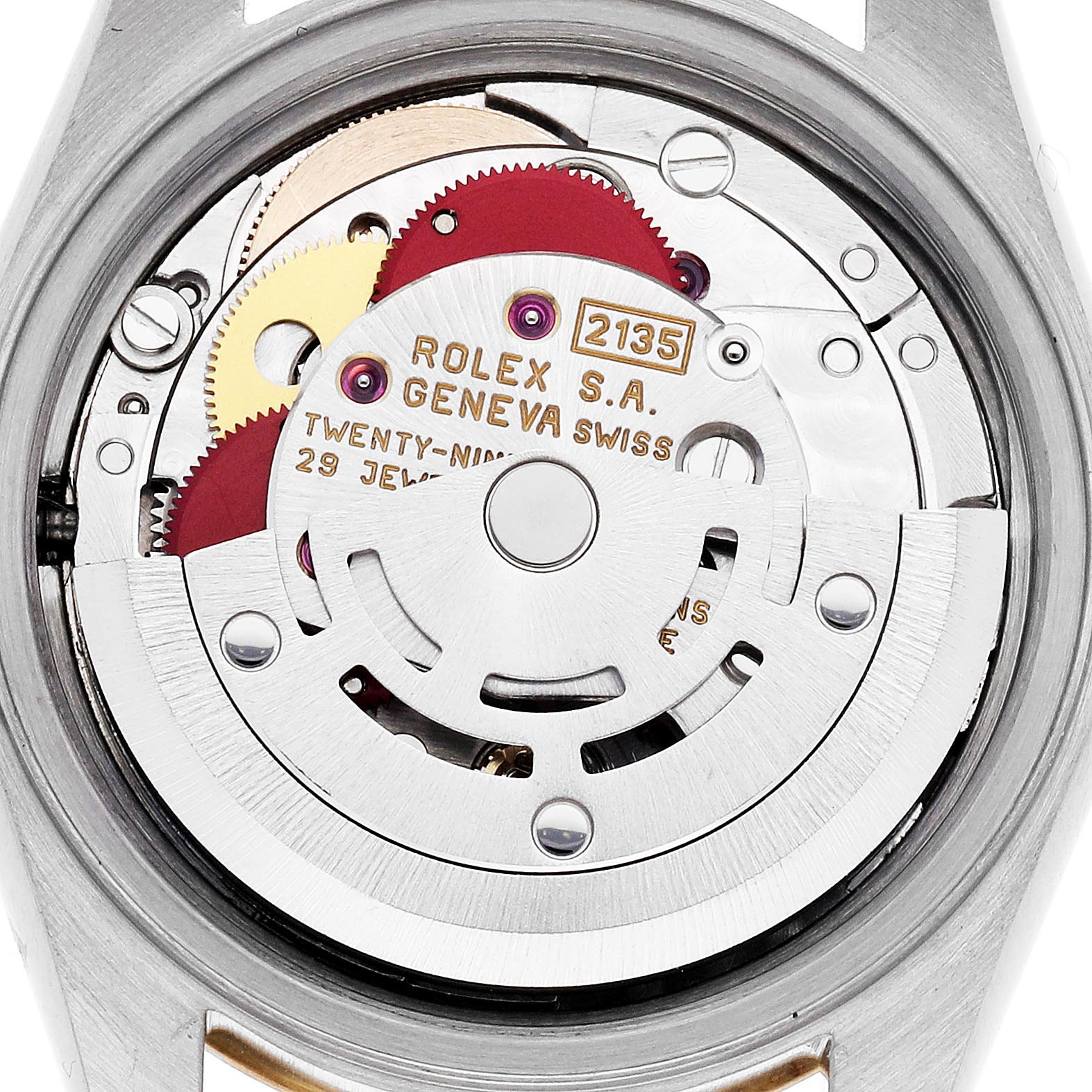 The image shows the movement mechanism of a Rolex Datejust 69173 Women
s Steel and Gold (two tone) Champagne Dial 69173 Women
s Steel and Gold (two tone) Champagne Dial watch from the back, highlighting gears and the rotor.
