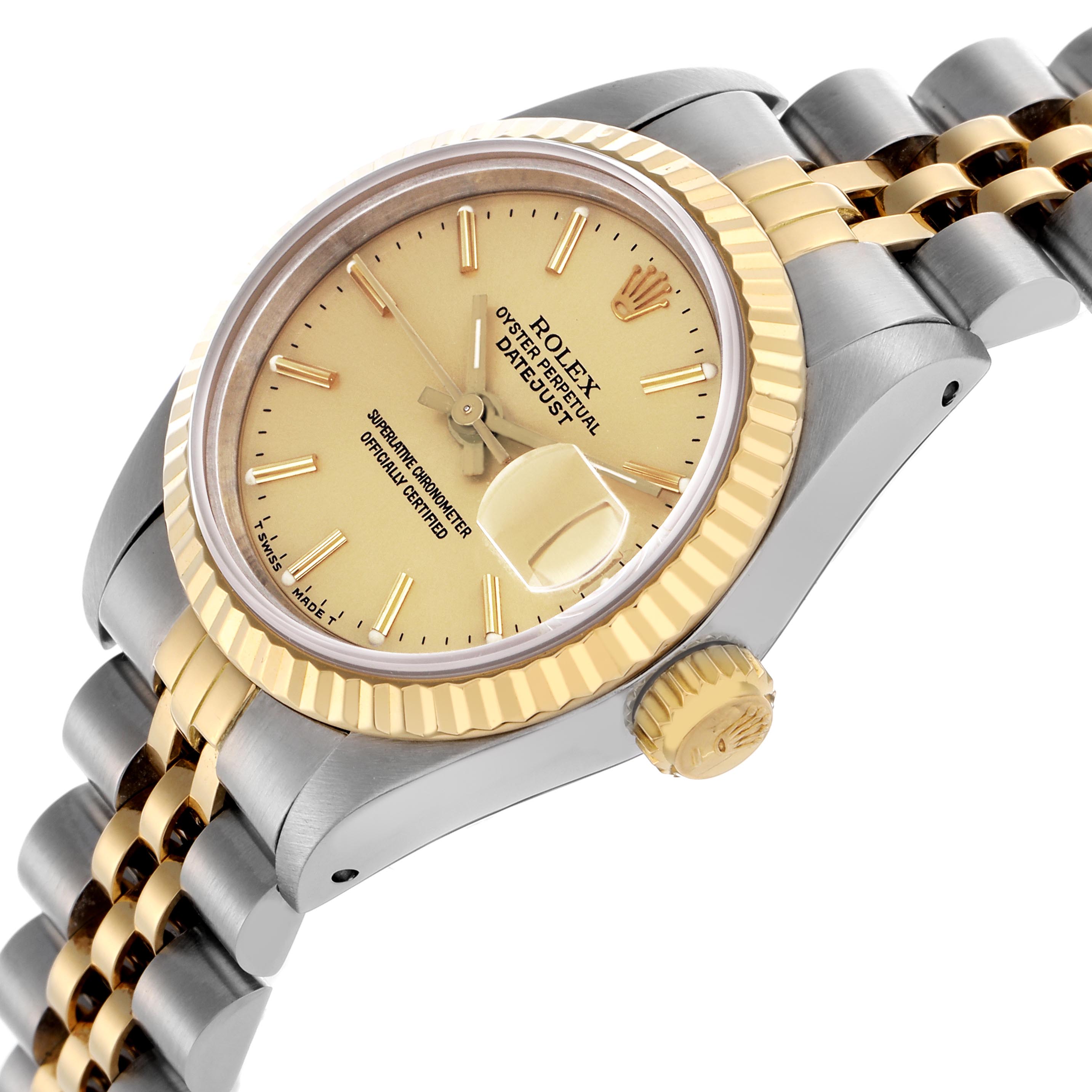 The Rolex Datejust 69173 Women
s Steel and Gold (two tone) Champagne Dial 69173 Women
s Steel and Gold (two tone) Champagne Dial watch is shown at an angle highlighting the dial, fluted bezel, crown, and two-tone Jubilee bracelet.