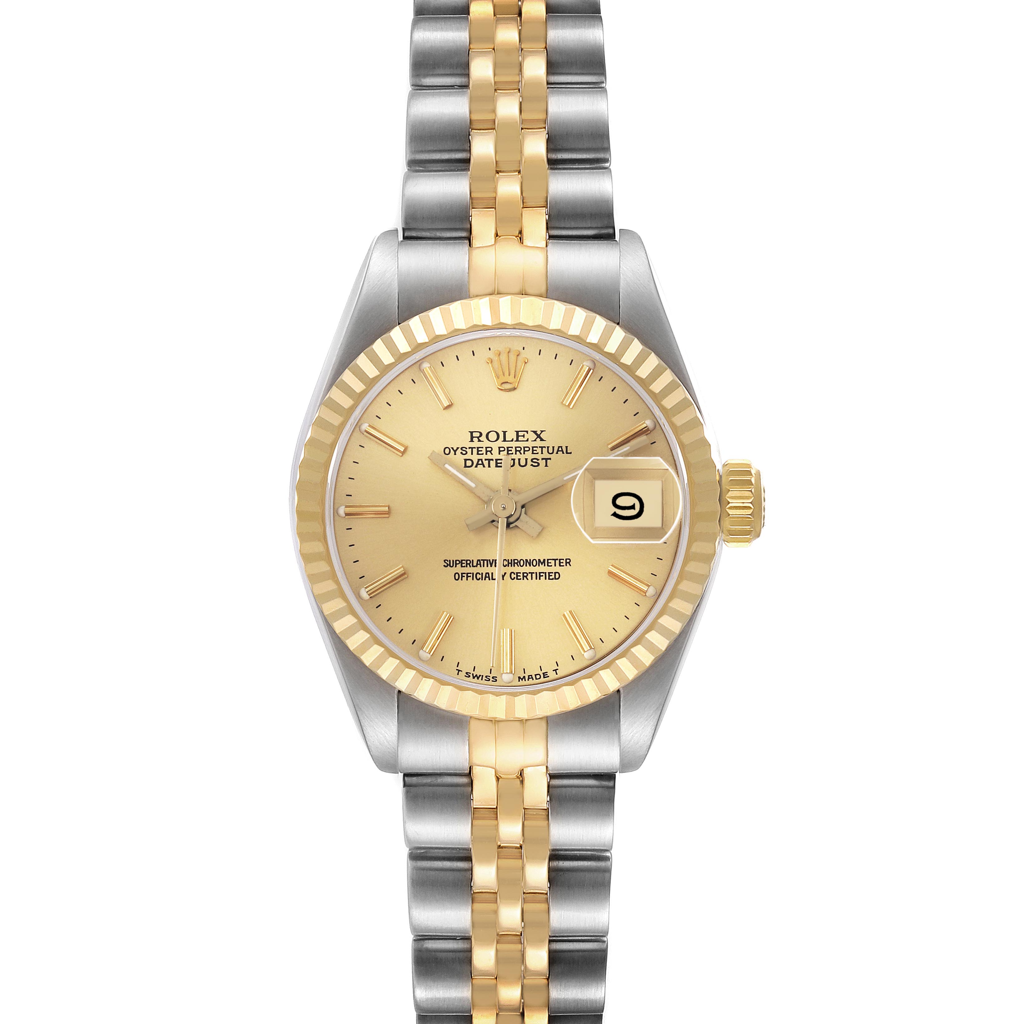 The image shows a Rolex Datejust 69173 Women
s Steel and Gold (two tone) Champagne Dial 69173 Women
s Steel and Gold (two tone) Champagne Dial watch, front view, highlighting the dial, bezel, and two-tone bracelet.