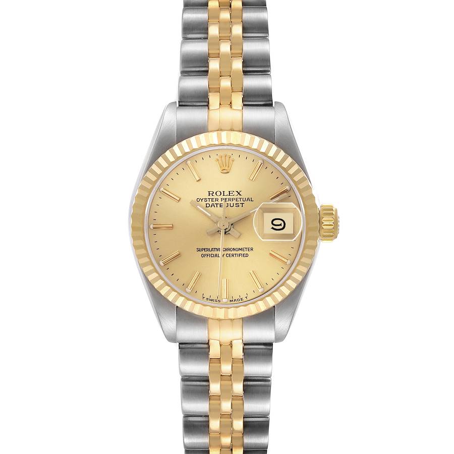 The image shows a Rolex Datejust watch, front view, highlighting the dial, bezel, and two-tone bracelet.