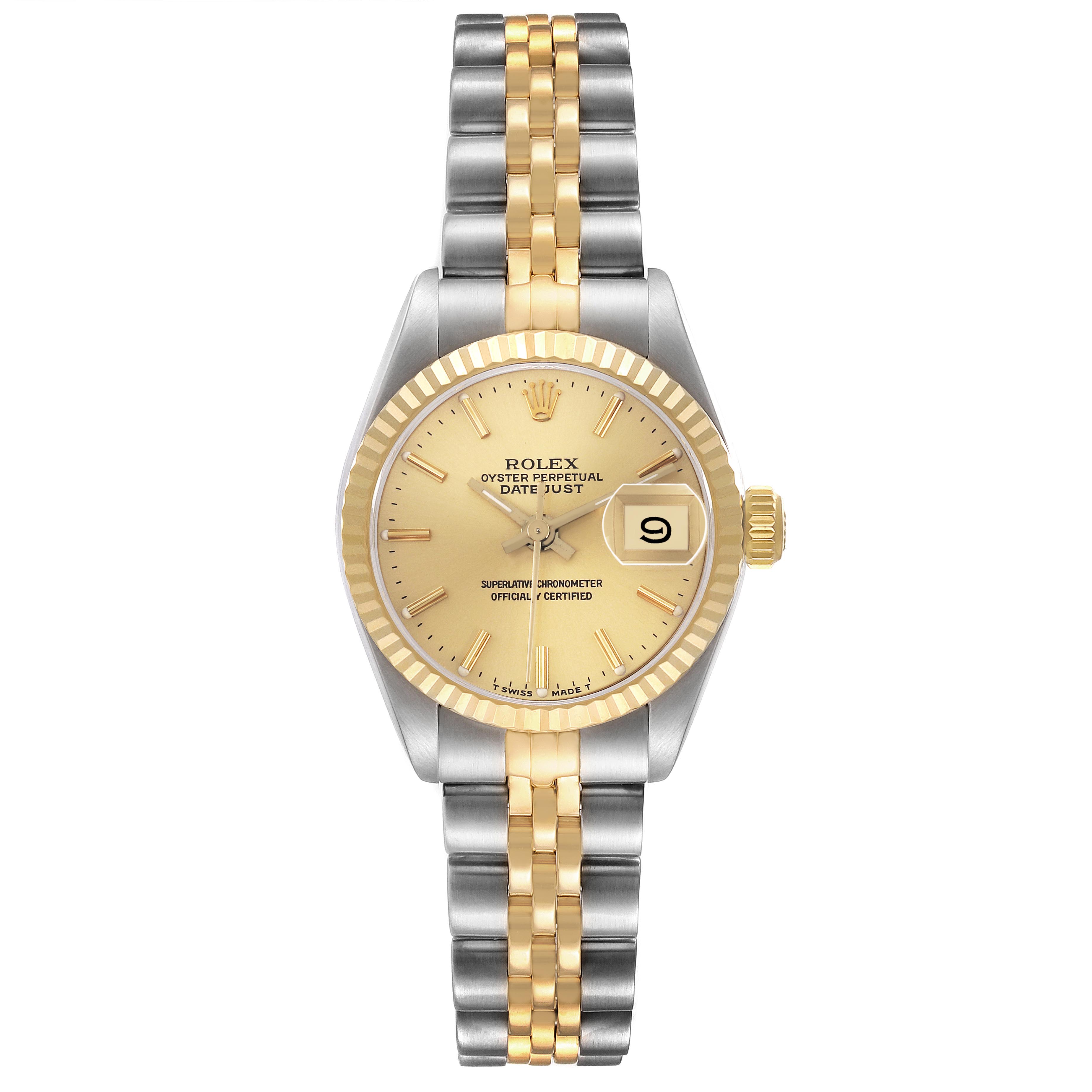 The Rolex Datejust 69173 Women
s Steel and Gold (two tone) Champagne Dial 69173 Women
s Steel and Gold (two tone) Champagne Dial watch is shown from a front angle, displaying its dial, bezel, bracelet, and crown.