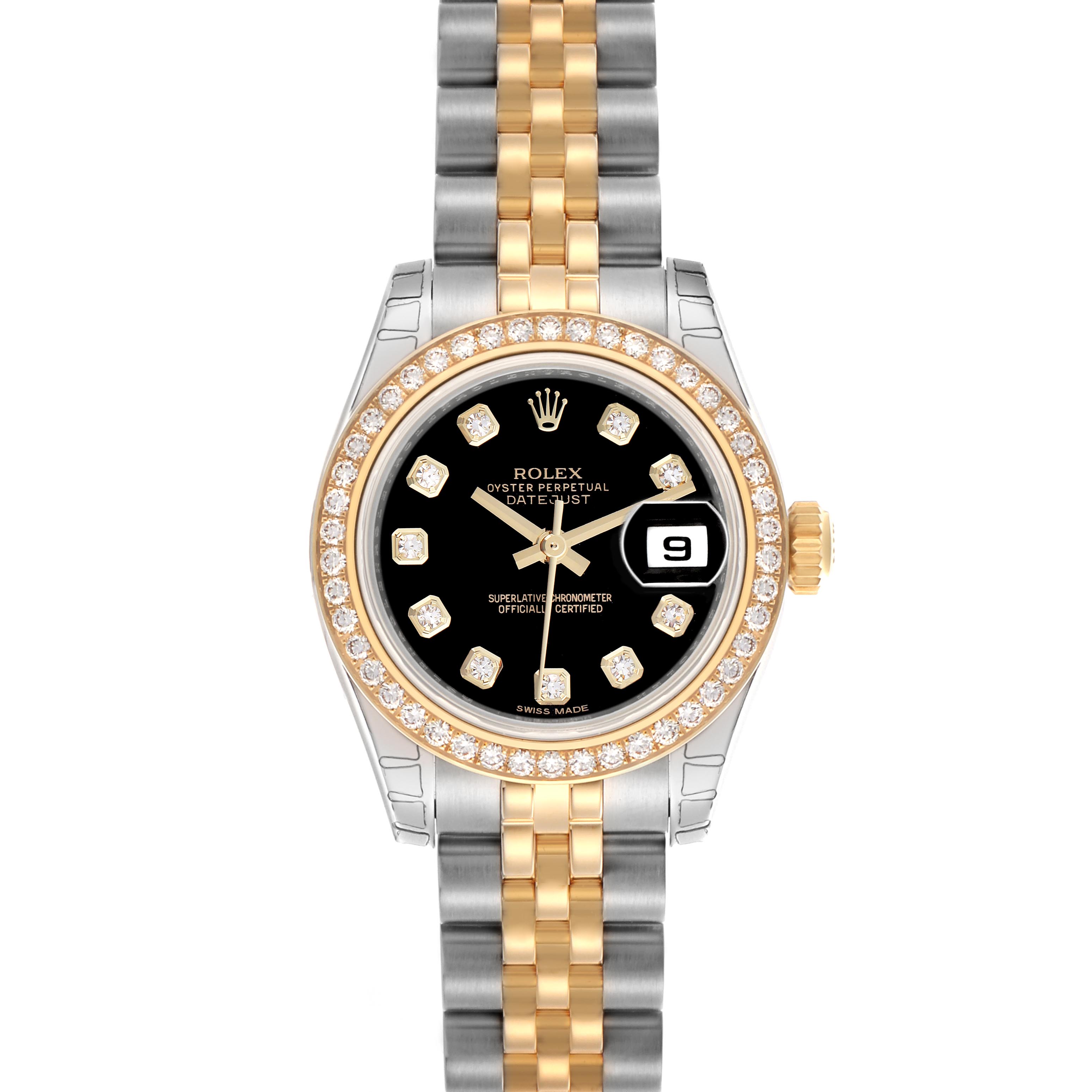 The Rolex Datejust 179383 Women
s Steel and Gold (two tone) Black Dial 179383 Women
s Steel and Gold (two tone) Black Dial watch is shown from a top view, displaying the face, bezel, crown, and two-tone bracelet.