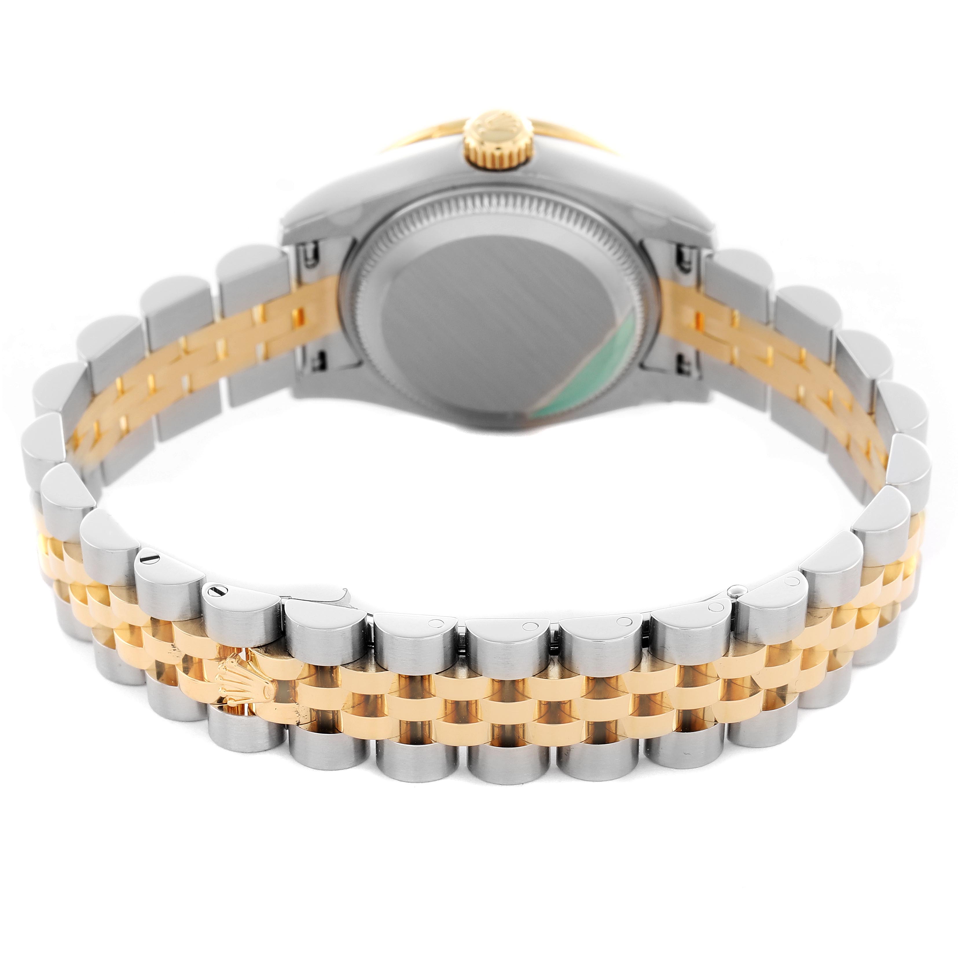 The image shows the back of a Rolex Datejust 179383 Women
s Steel and Gold (two tone) Black Dial 179383 Women
s Steel and Gold (two tone) Black Dial, highlighting the case, bracelet, and two-tone Jubilee links.