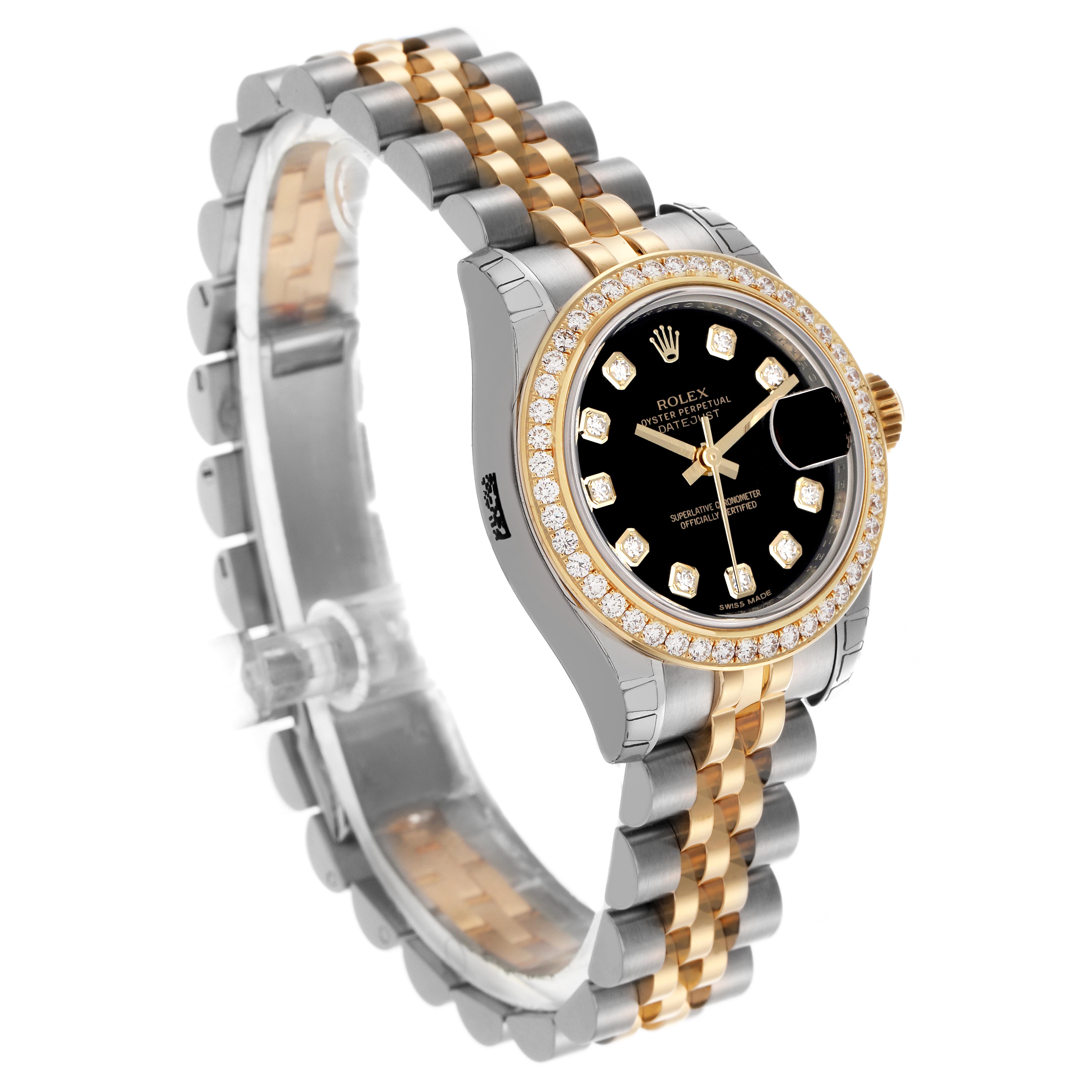 The Rolex Datejust 179383 Women
s Steel and Gold (two tone) Black Dial 179383 Women
s Steel and Gold (two tone) Black Dial watch is shown at a three-quarter angle, highlighting the bezel, dial, bracelet, and crown.