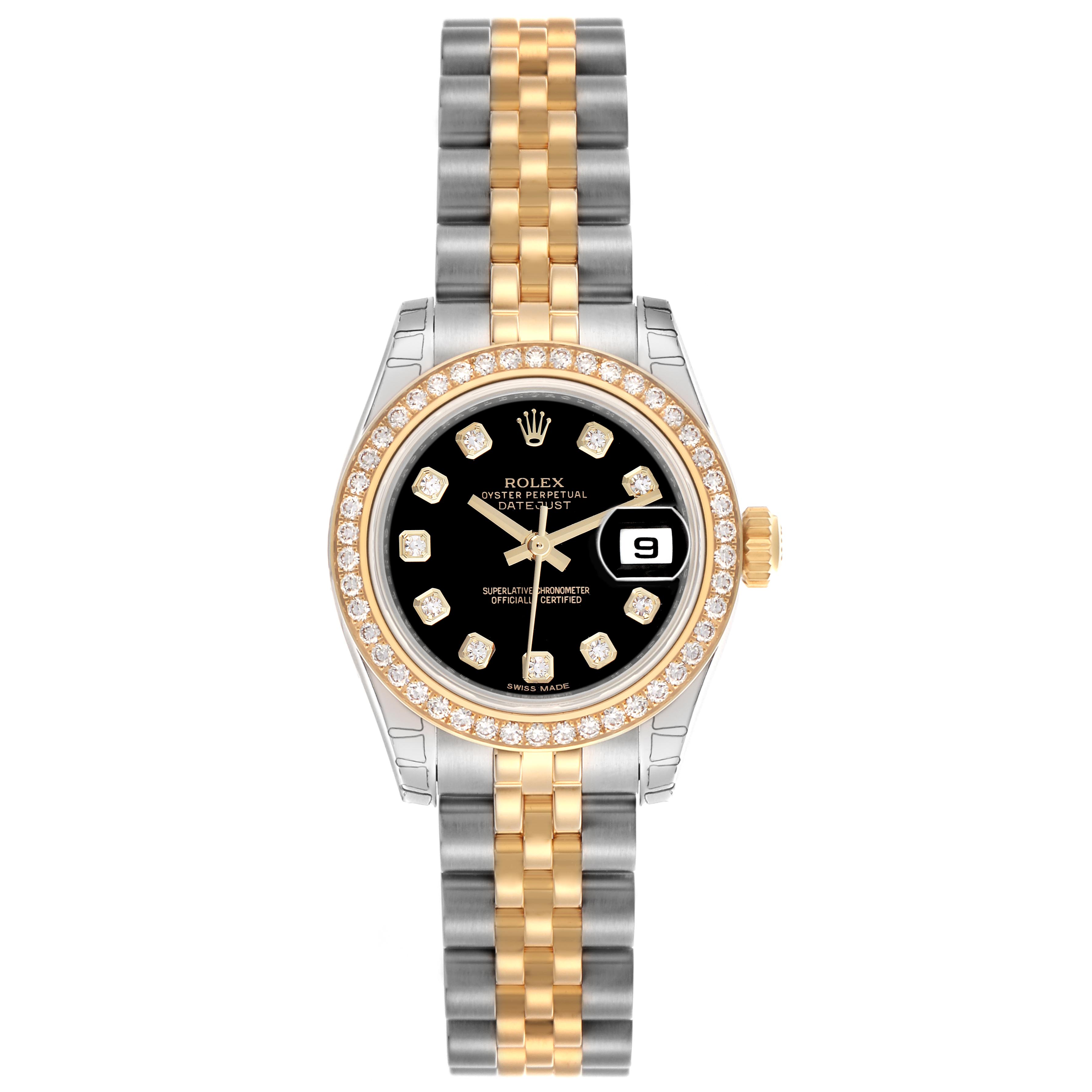 The Rolex Datejust 179383 Women
s Steel and Gold (two tone) Black Dial 179383 Women
s Steel and Gold (two tone) Black Dial watch is shown from the front, displaying its dial, bezel, and two-tone bracelet.