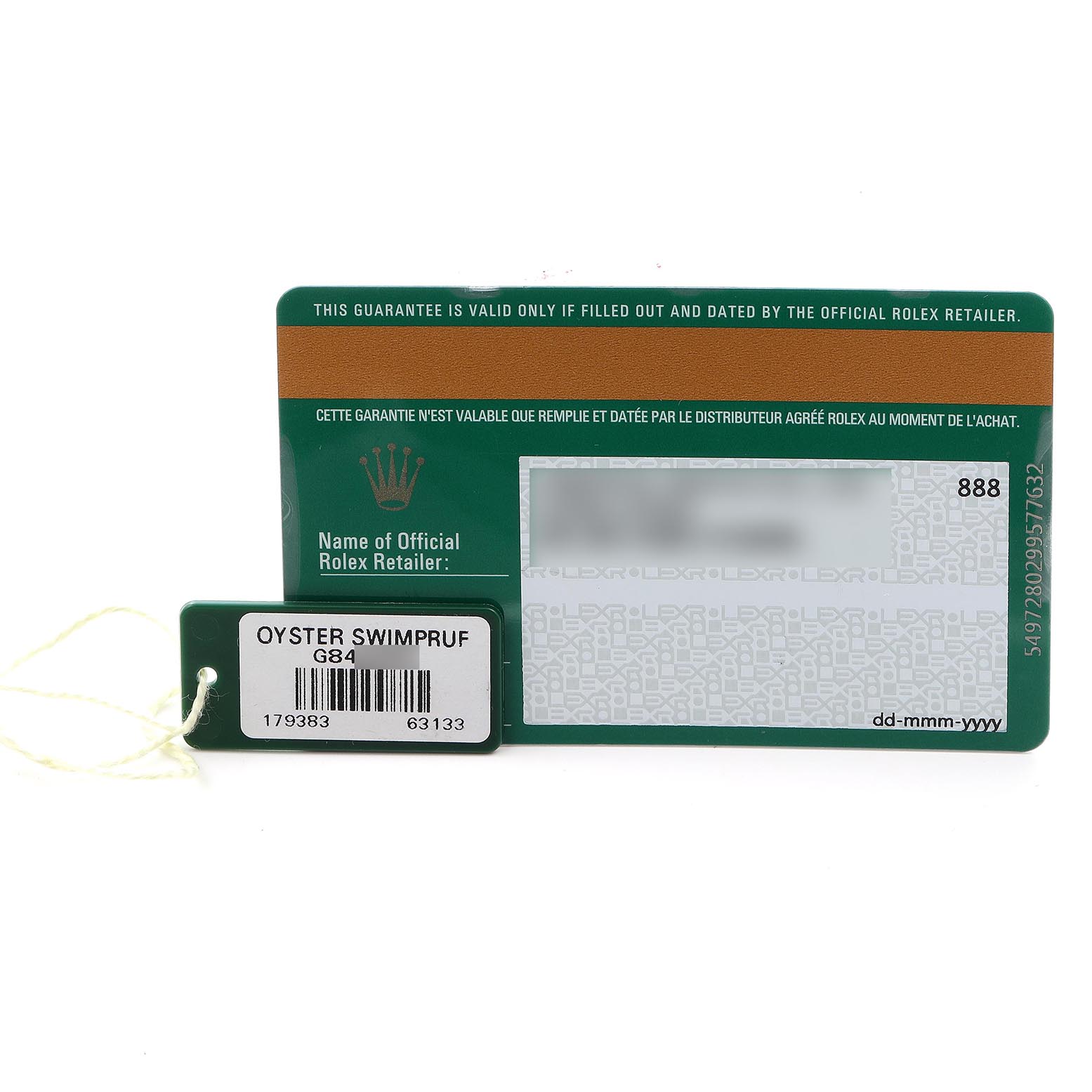 The image shows a Rolex Datejust 179383 Women
s Steel and Gold (two tone) Black Dial 179383 Women
s Steel and Gold (two tone) Black Dial warranty card and an Oyster Swimpruf tag.