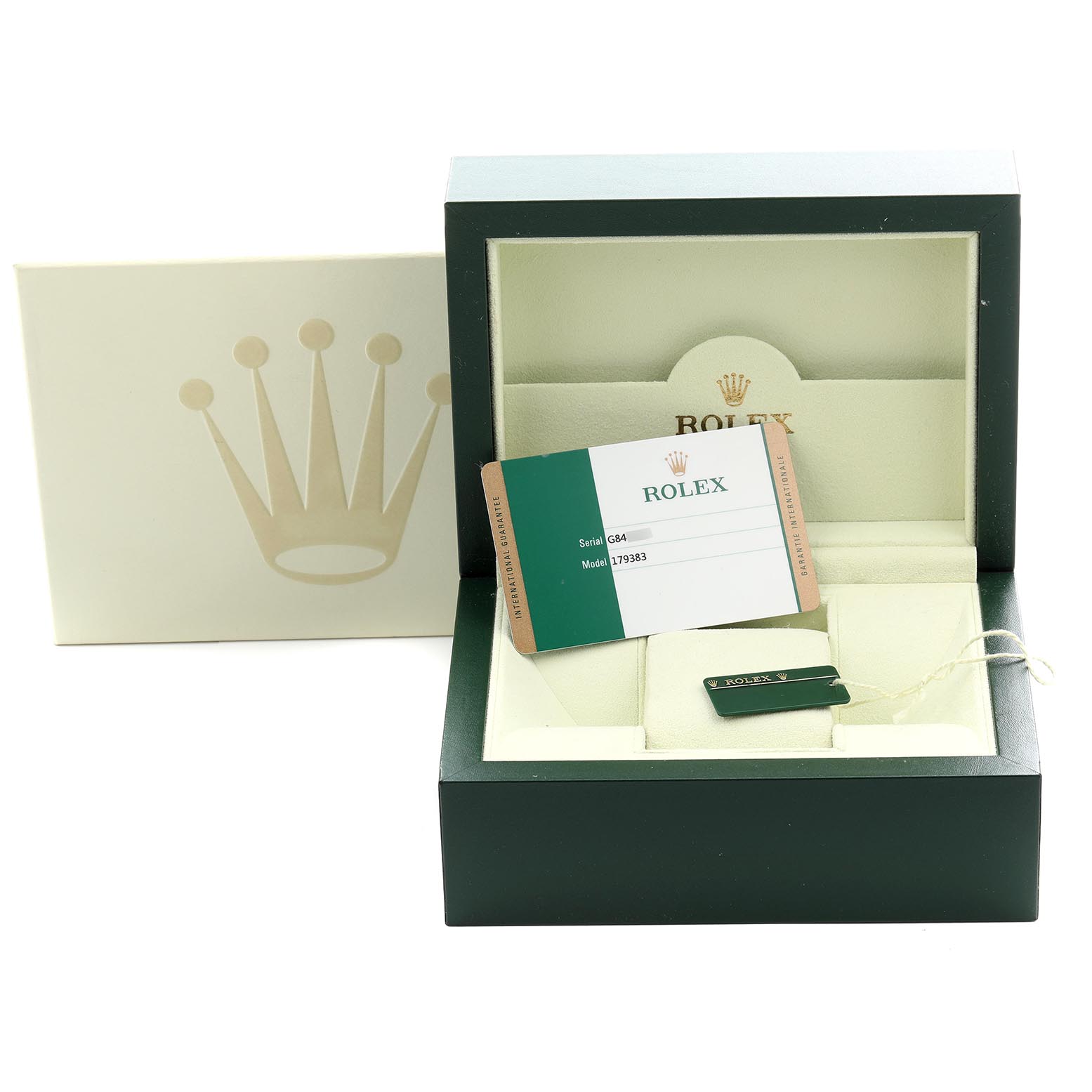The image shows the open box for a Rolex Datejust 179383 Women
s Steel and Gold (two tone) Black Dial 179383 Women
s Steel and Gold (two tone) Black Dial, including the warranty card and tag, viewed frontally.