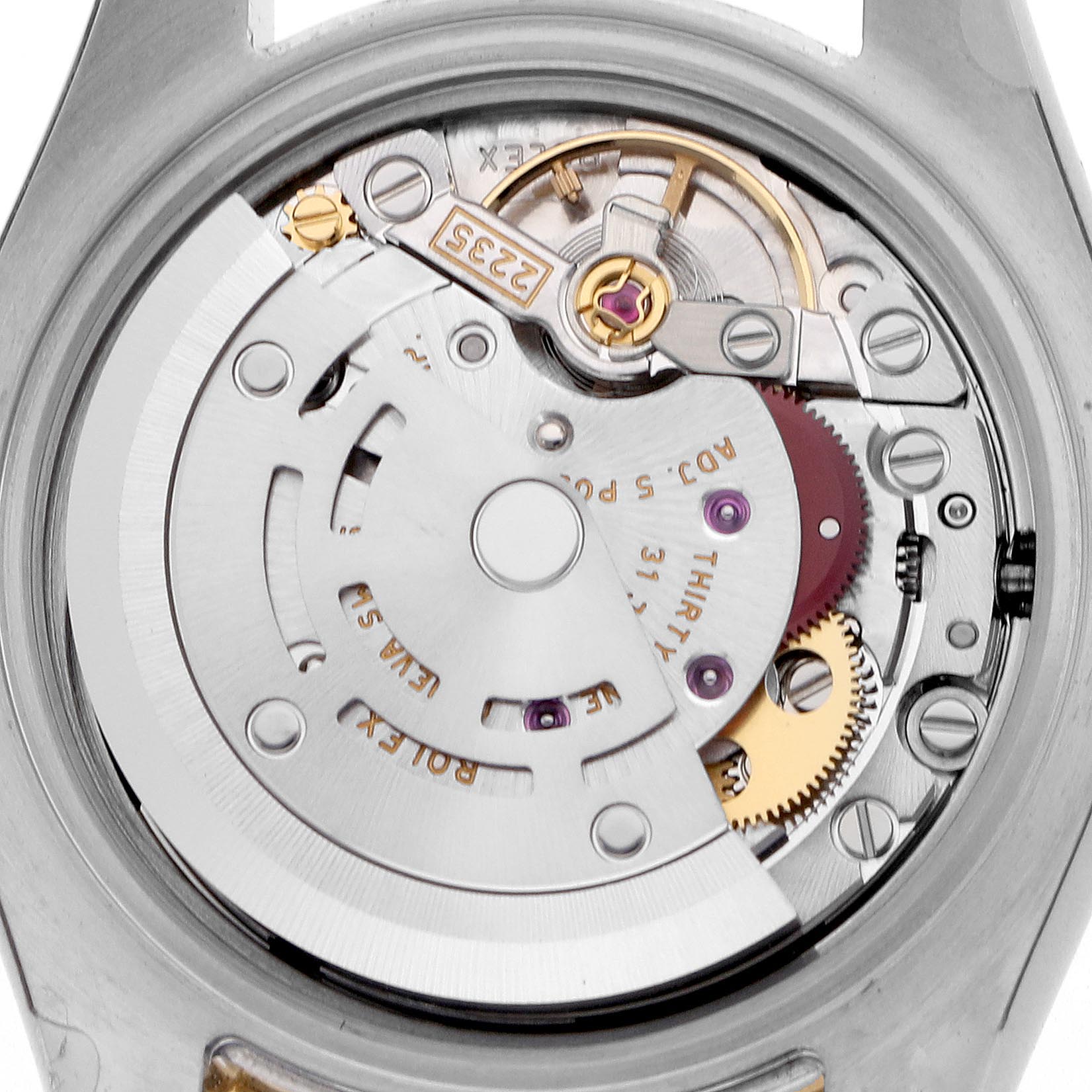 The image shows the movement and internal mechanics of a Rolex Datejust 179383 Women
s Steel and Gold (two tone) Black Dial 179383 Women
s Steel and Gold (two tone) Black Dial watch from the back angle.