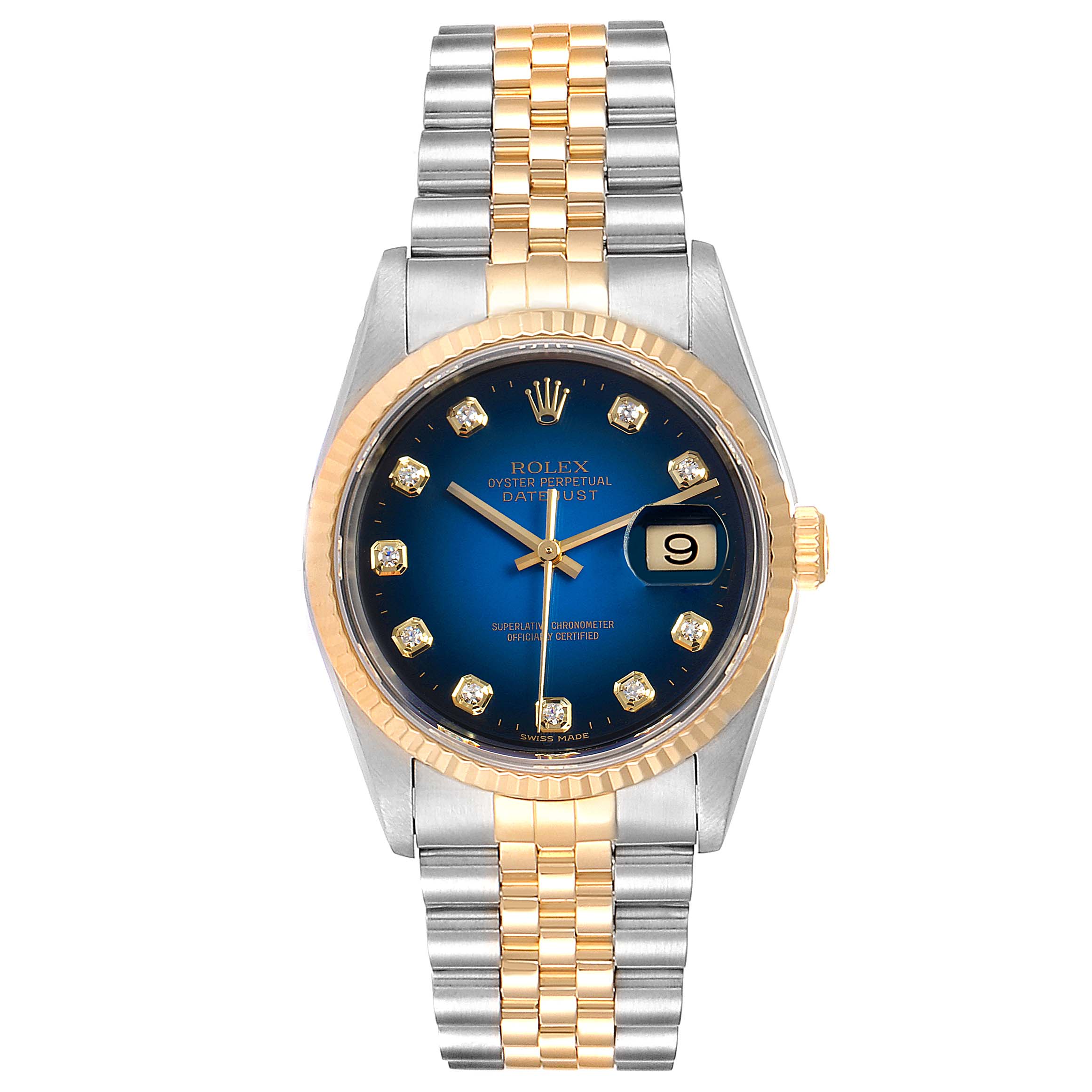 The image shows a front view of a Rolex Datejust 16233 Men's Steel and Gold (two tone) Blue Dial 16233 Men's Steel and Gold (two tone) Blue Dial watch, highlighting its blue dial, two-tone bracelet, and date display.