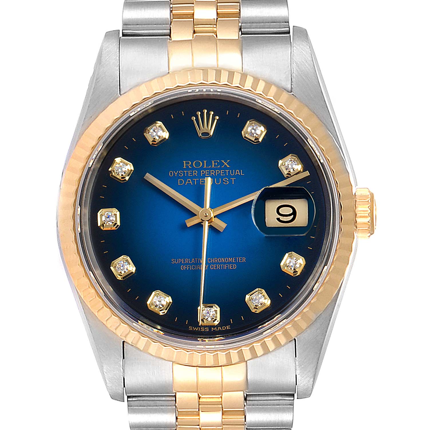 This image shows a front view of the Rolex Datejust 16233 Men's Steel and Gold (two tone) Blue Dial 16233 Men's Steel and Gold (two tone) Blue Dial watch highlighting its blue dial, date window, and two-tone bracelet.