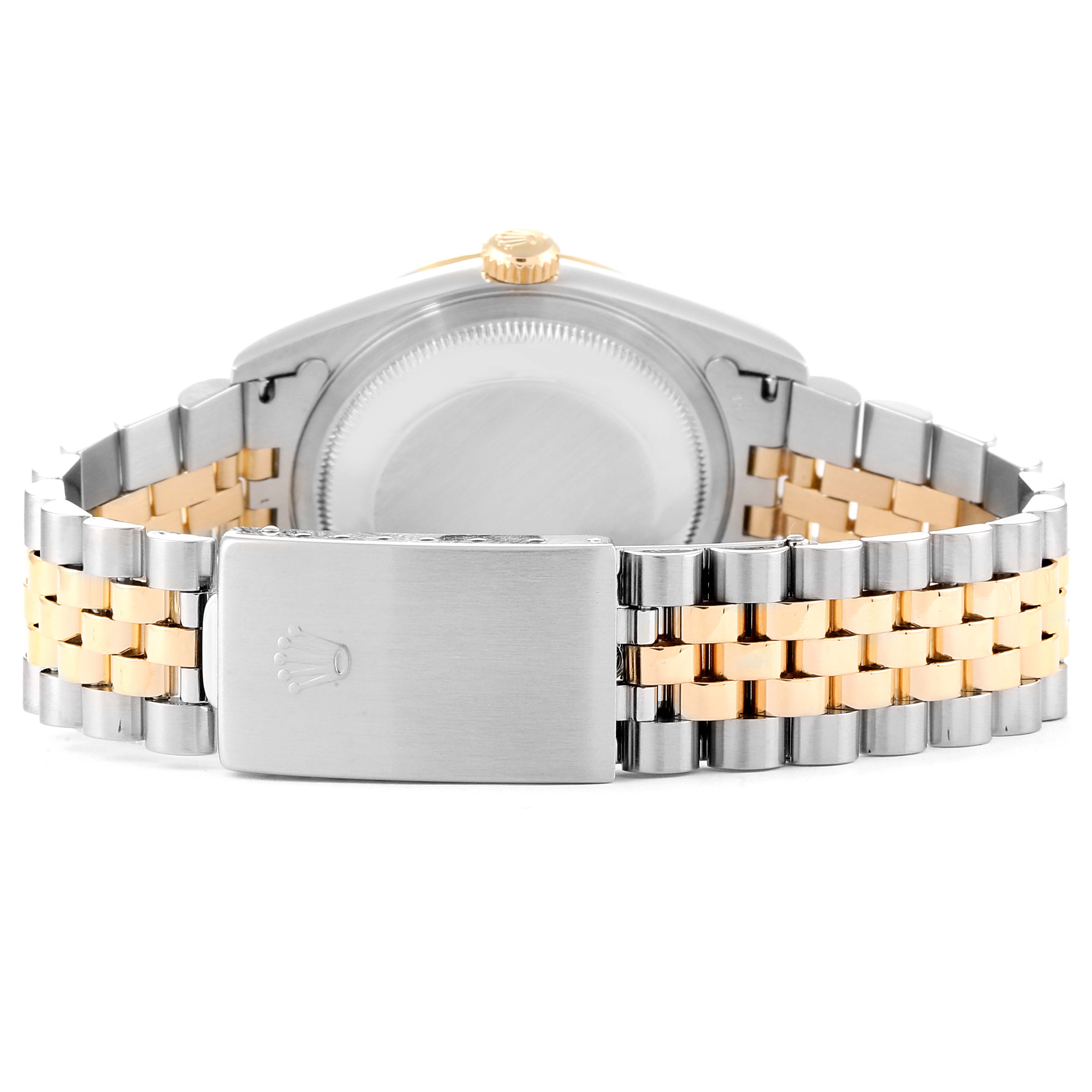 This image shows the back view of a Rolex Datejust 16233 Men's Steel and Gold (two tone) Blue Dial 16233 Men's Steel and Gold (two tone) Blue Dial model, highlighting the case back and two-tone Jubilee bracelet with the clasp.