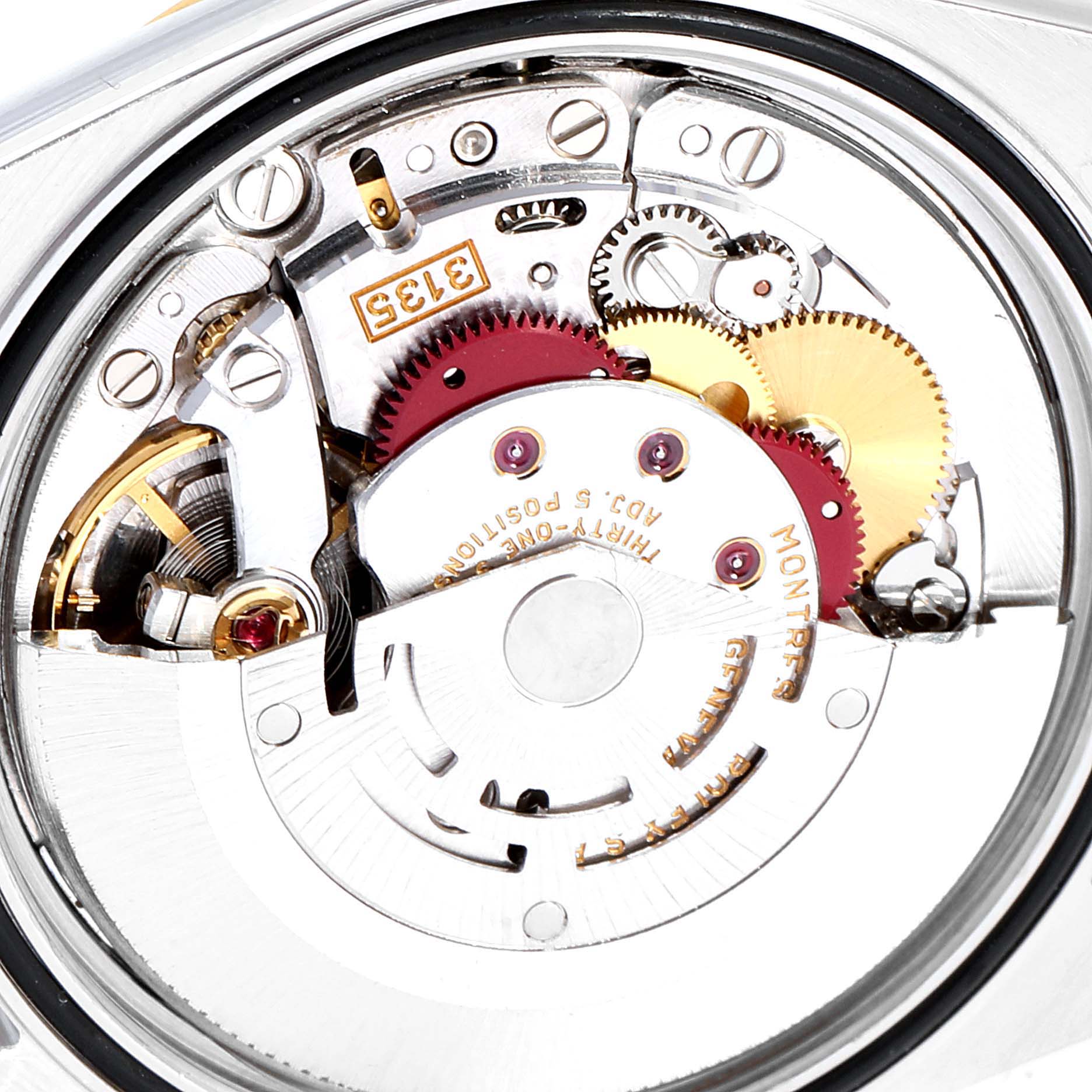 This image shows the Rolex Datejust 16233 Men's Steel and Gold (two tone) Blue Dial 16233 Men's Steel and Gold (two tone) Blue Dial model's watch movement from the back, highlighting its intricate internal mechanisms.