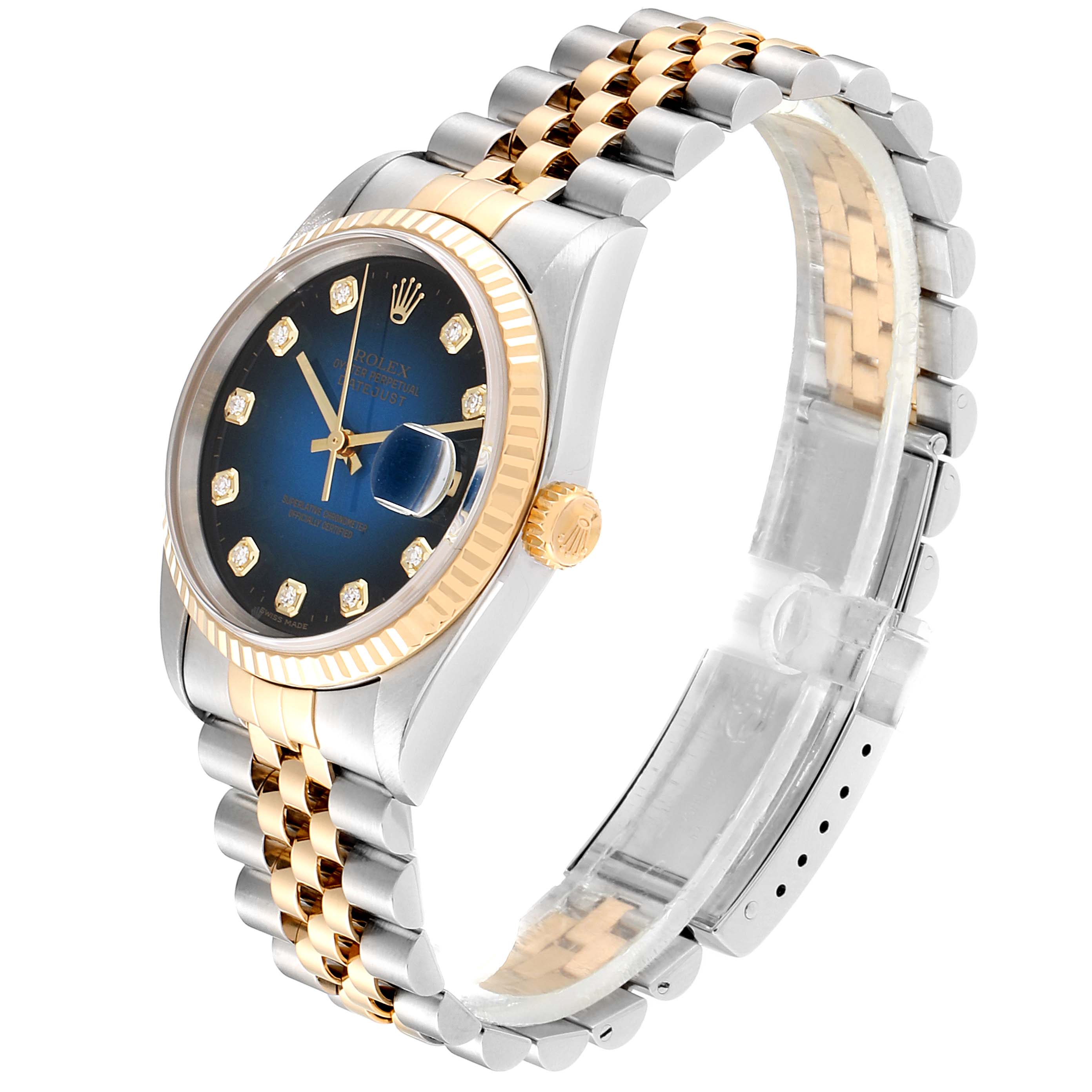 The image shows a side angle of a Rolex Datejust 16233 Men's Steel and Gold (two tone) Blue Dial 16233 Men's Steel and Gold (two tone) Blue Dial watch, highlighting the dial, bezel, bracelet, and crown.