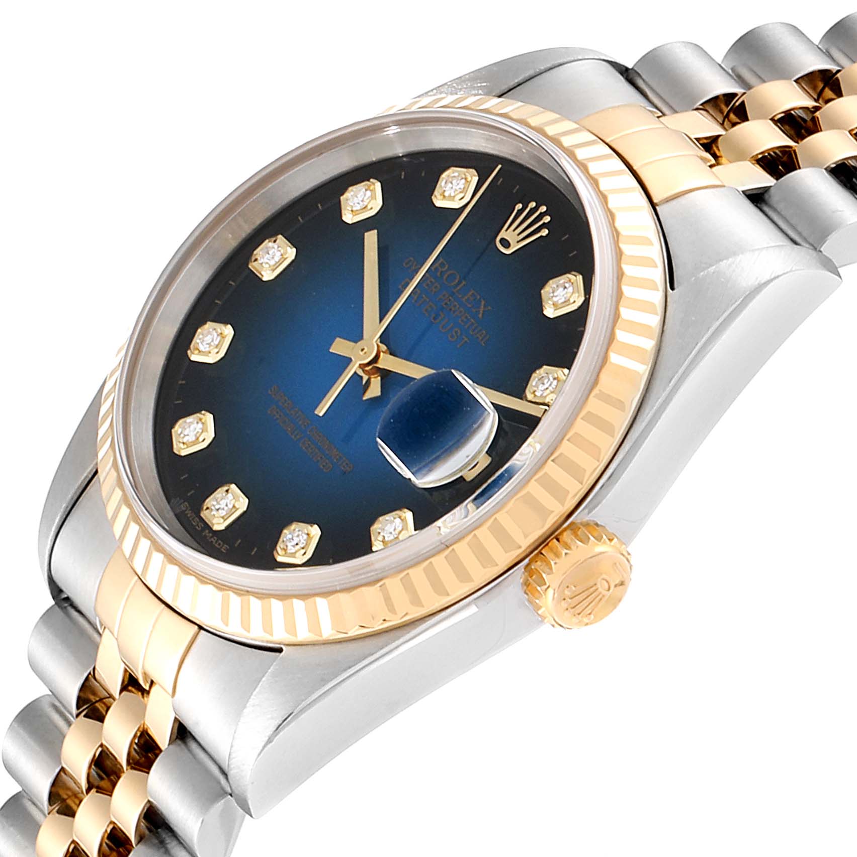 The image shows a close-up angled view of a Rolex Datejust 16233 Men's Steel and Gold (two tone) Blue Dial 16233 Men's Steel and Gold (two tone) Blue Dial watch, highlighting the dial, crown, and part of the bracelet.