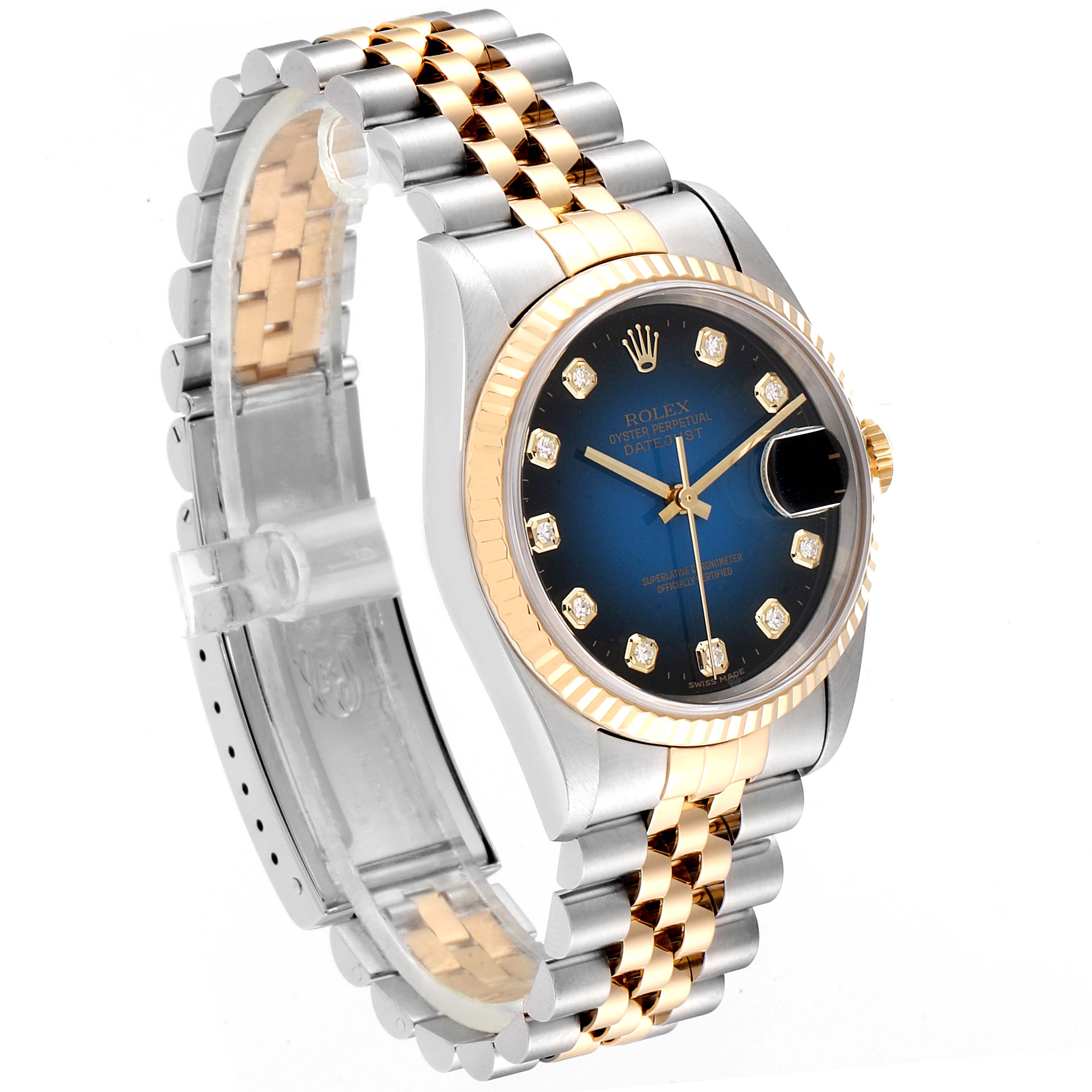 The Rolex Datejust 16233 Men's Steel and Gold (two tone) Blue Dial 16233 Men's Steel and Gold (two tone) Blue Dial model watch is shown at a 3/4 angle displaying the dial, case, bezel, and jubilee bracelet.