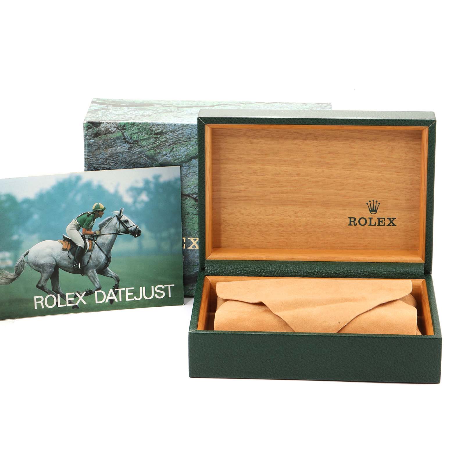 The image shows a Rolex Datejust 16233 Men's Steel and Gold (two tone) Blue Dial 16233 Men's Steel and Gold (two tone) Blue Dial empty watch box and a booklet, viewed from the front.