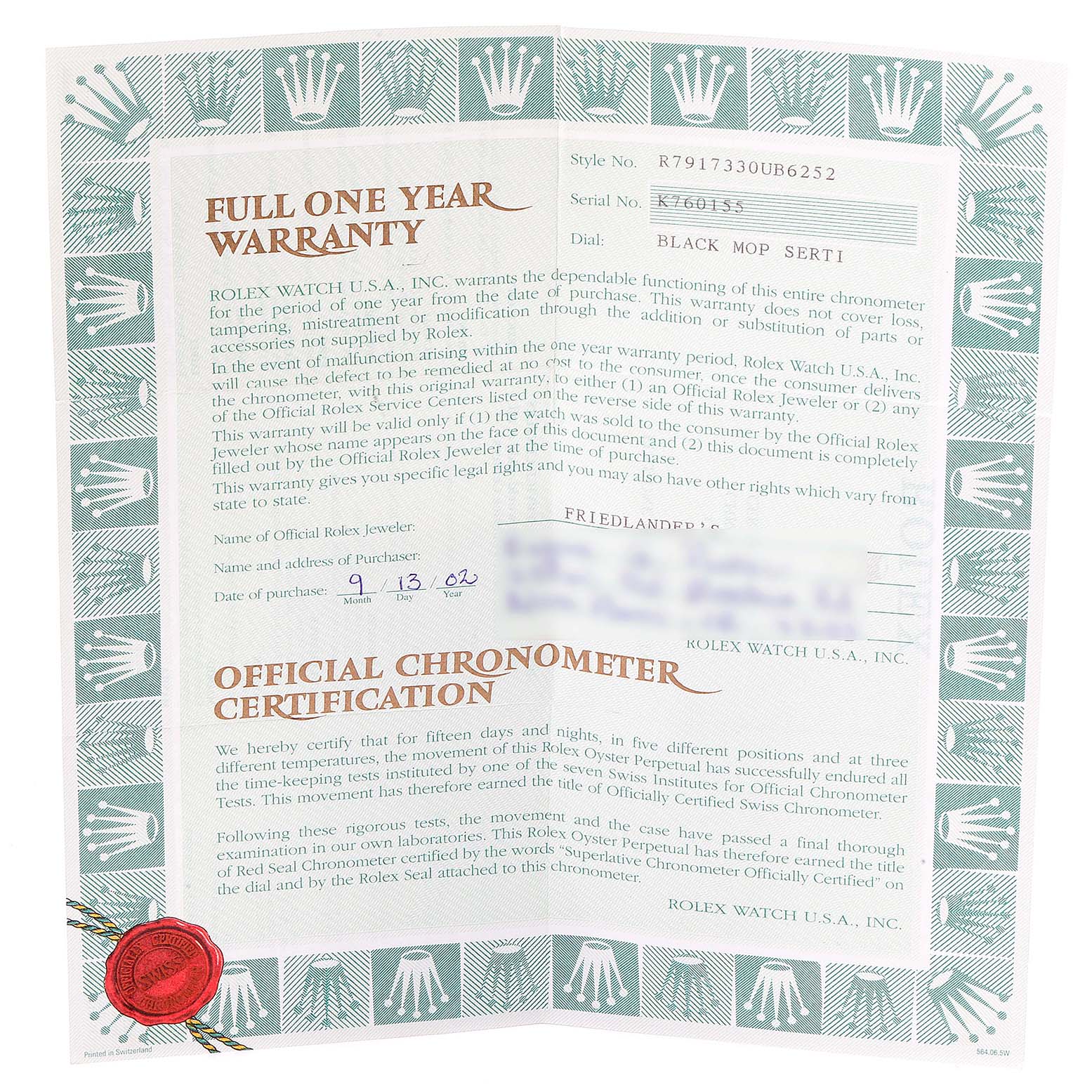 This image shows the full front view of a warranty and certification document for a Rolex Datejust 79173 Women
s Steel and Gold (two tone) Mother of Pearl Dial 79173 Women
s Steel and Gold (two tone) Mother of Pearl Dial model.