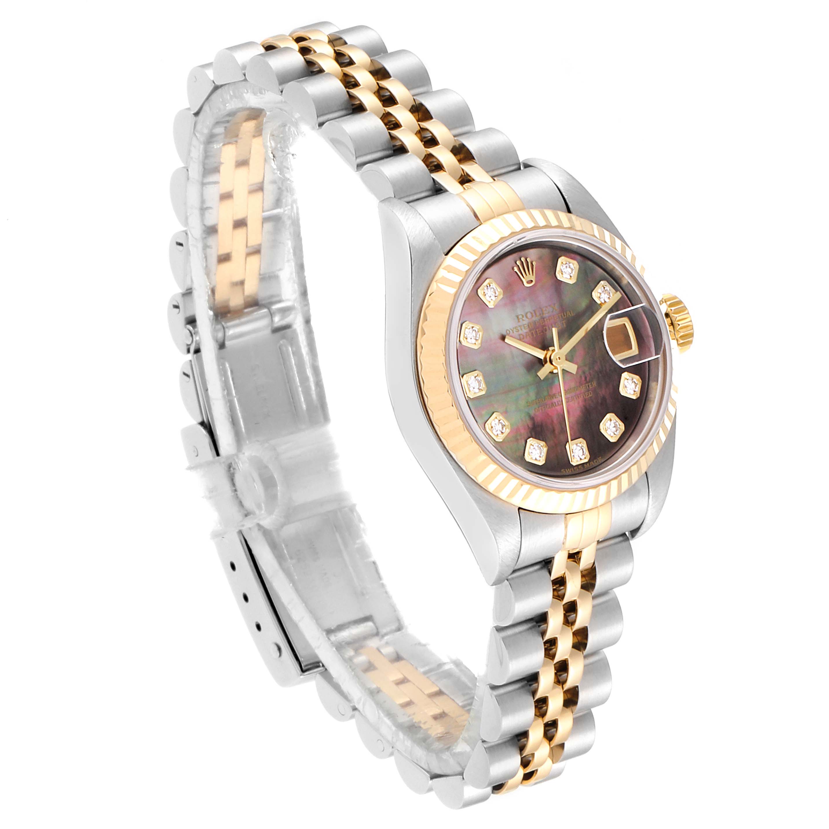 The image shows a side angle of a Rolex Datejust 79173 Women
s Steel and Gold (two tone) Mother of Pearl Dial 79173 Women
s Steel and Gold (two tone) Mother of Pearl Dial watch featuring a two-tone bracelet and a diamond-accented bezel and dial.