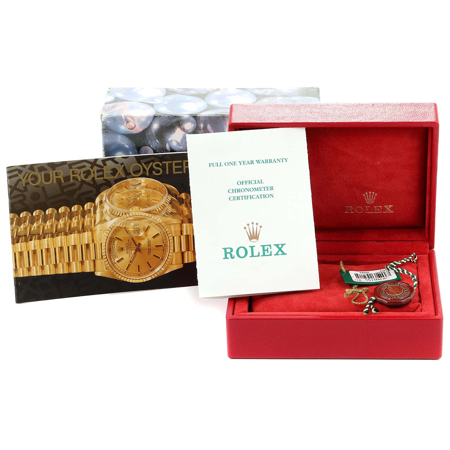 The image shows a Rolex Datejust 79173 Women
s Steel and Gold (two tone) Mother of Pearl Dial 79173 Women
s Steel and Gold (two tone) Mother of Pearl Dial watch box, warranty card, chronometer certification, booklet, and tag.