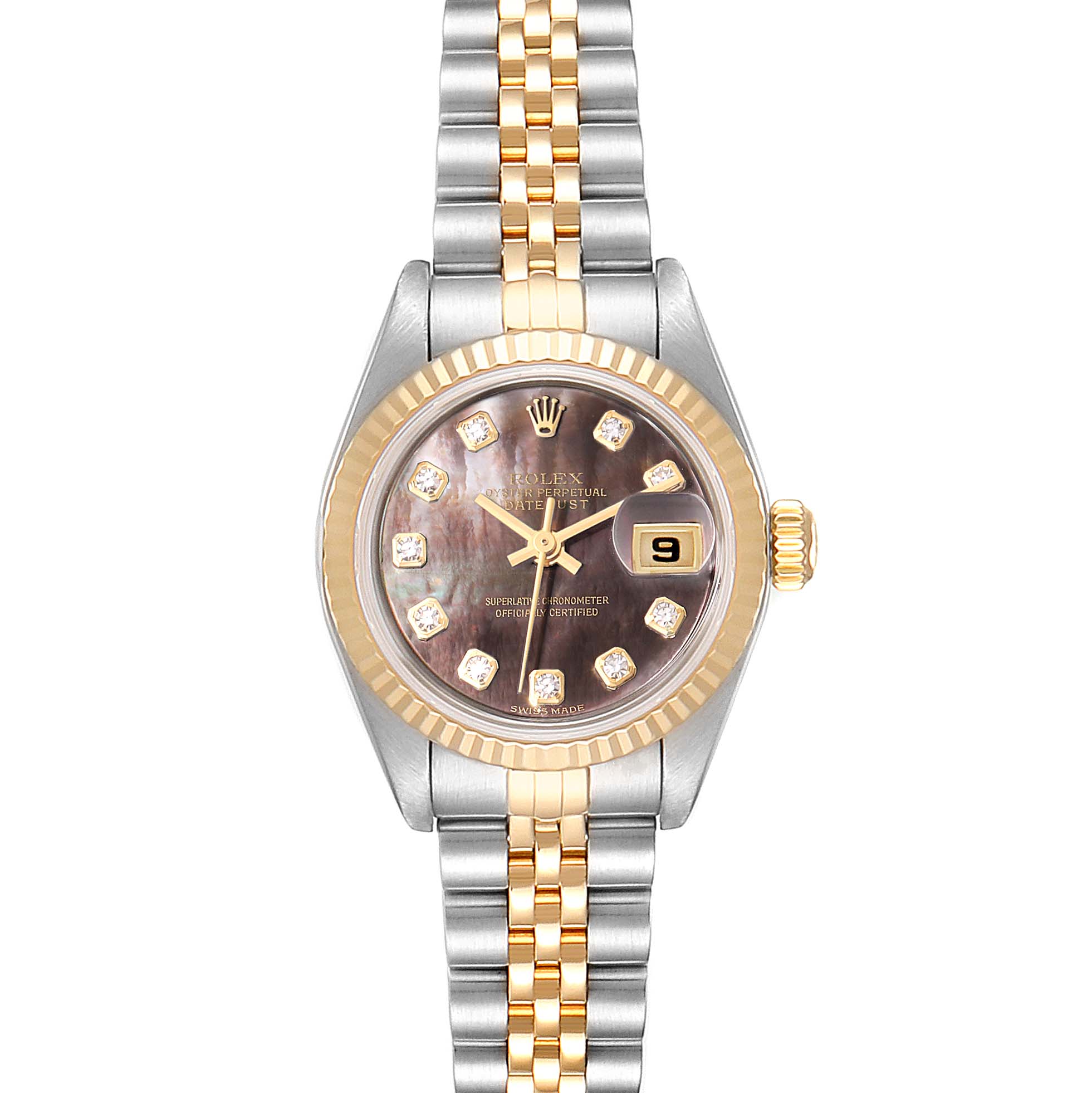 The image shows a Rolex Datejust 79173 Women
s Steel and Gold (two tone) Mother of Pearl Dial 79173 Women
s Steel and Gold (two tone) Mother of Pearl Dial watch from a frontal angle, displaying the face, bezel, bracelet, and crown.