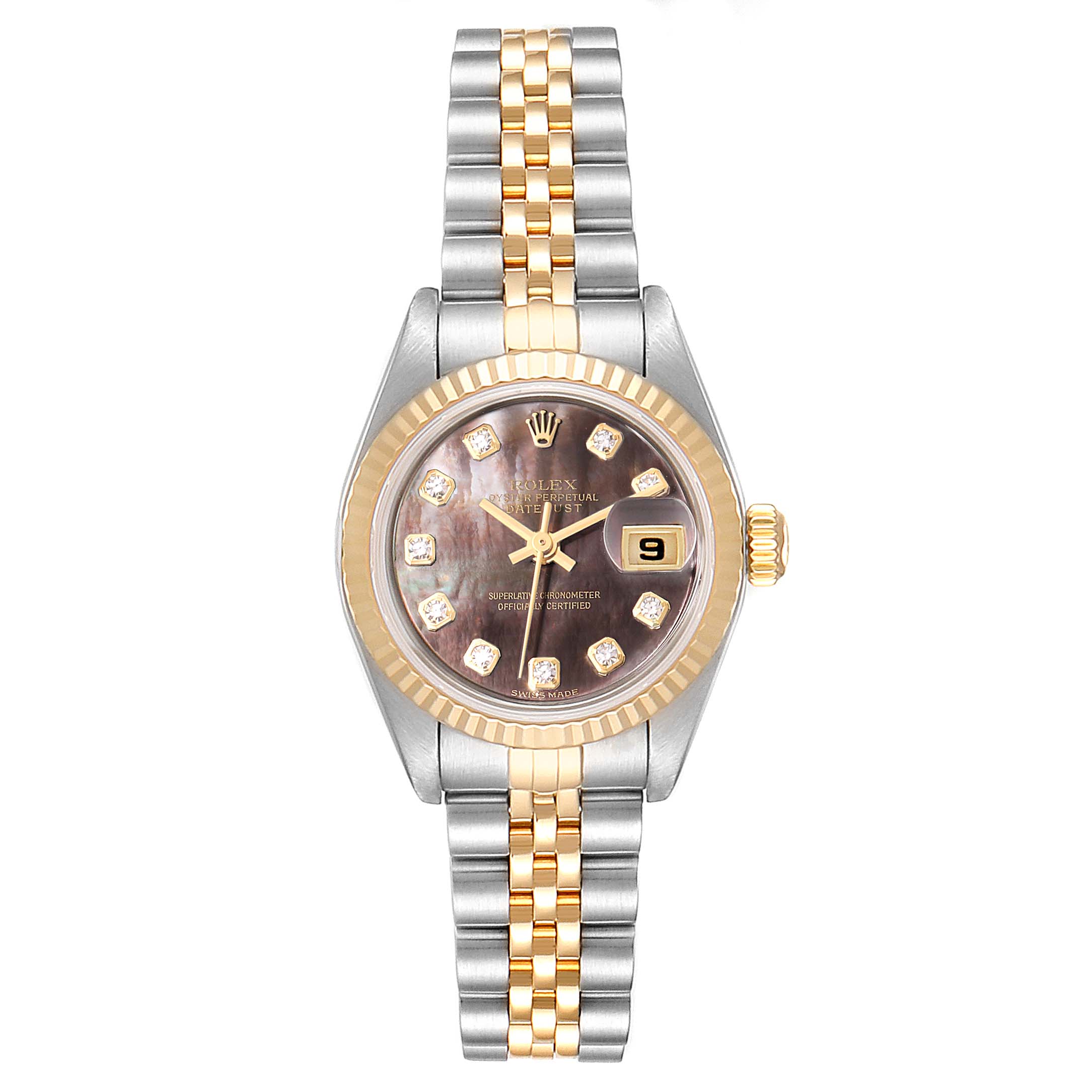 This image shows a front view of a Rolex Datejust 79173 Women
s Steel and Gold (two tone) Mother of Pearl Dial 79173 Women
s Steel and Gold (two tone) Mother of Pearl Dial watch, featuring a two-tone bracelet, fluted bezel, and diamond hour markers.