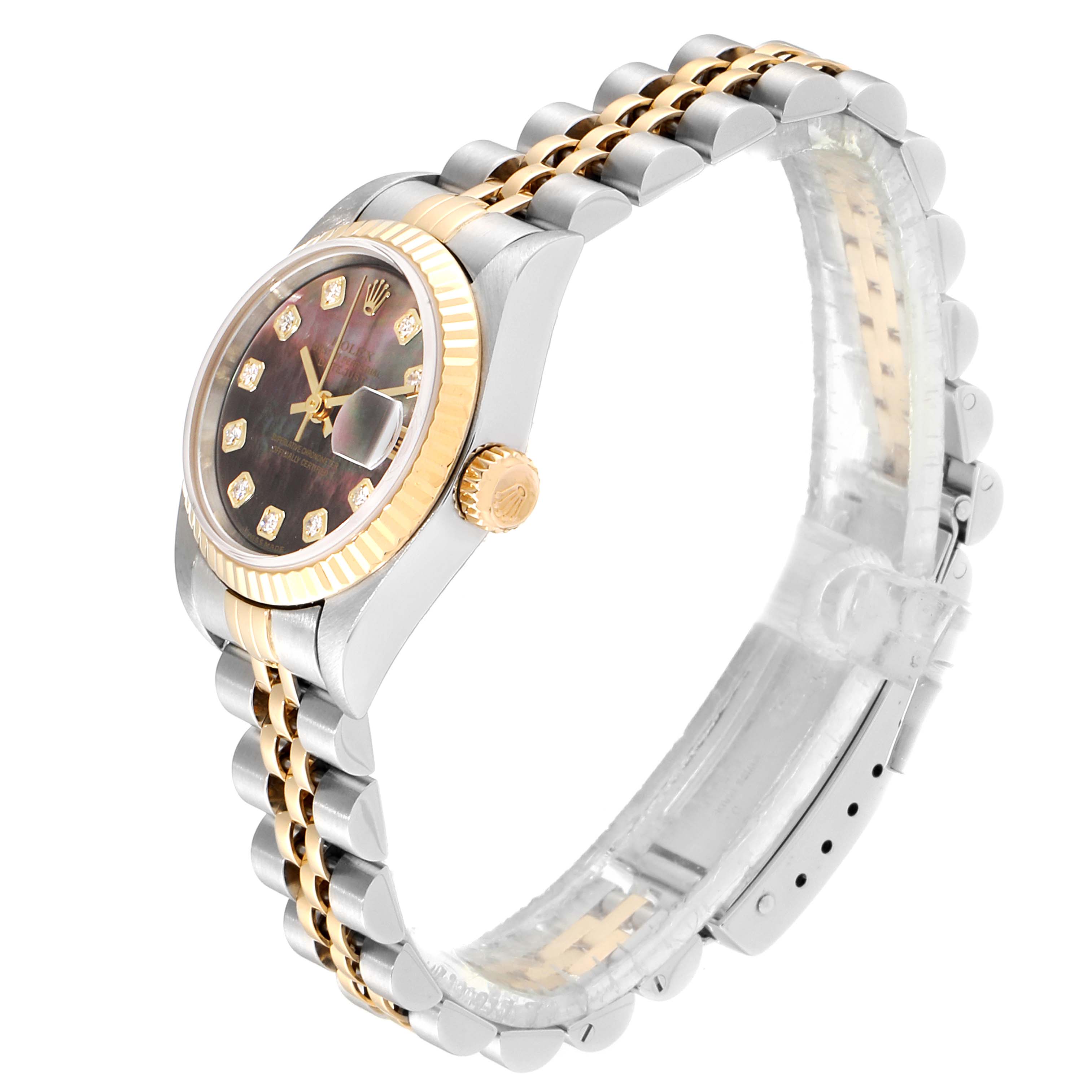 This image shows a side and angled view of a Rolex Datejust 79173 Women
s Steel and Gold (two tone) Mother of Pearl Dial 79173 Women
s Steel and Gold (two tone) Mother of Pearl Dial watch, highlighting the dial, bezel, and bracelet.