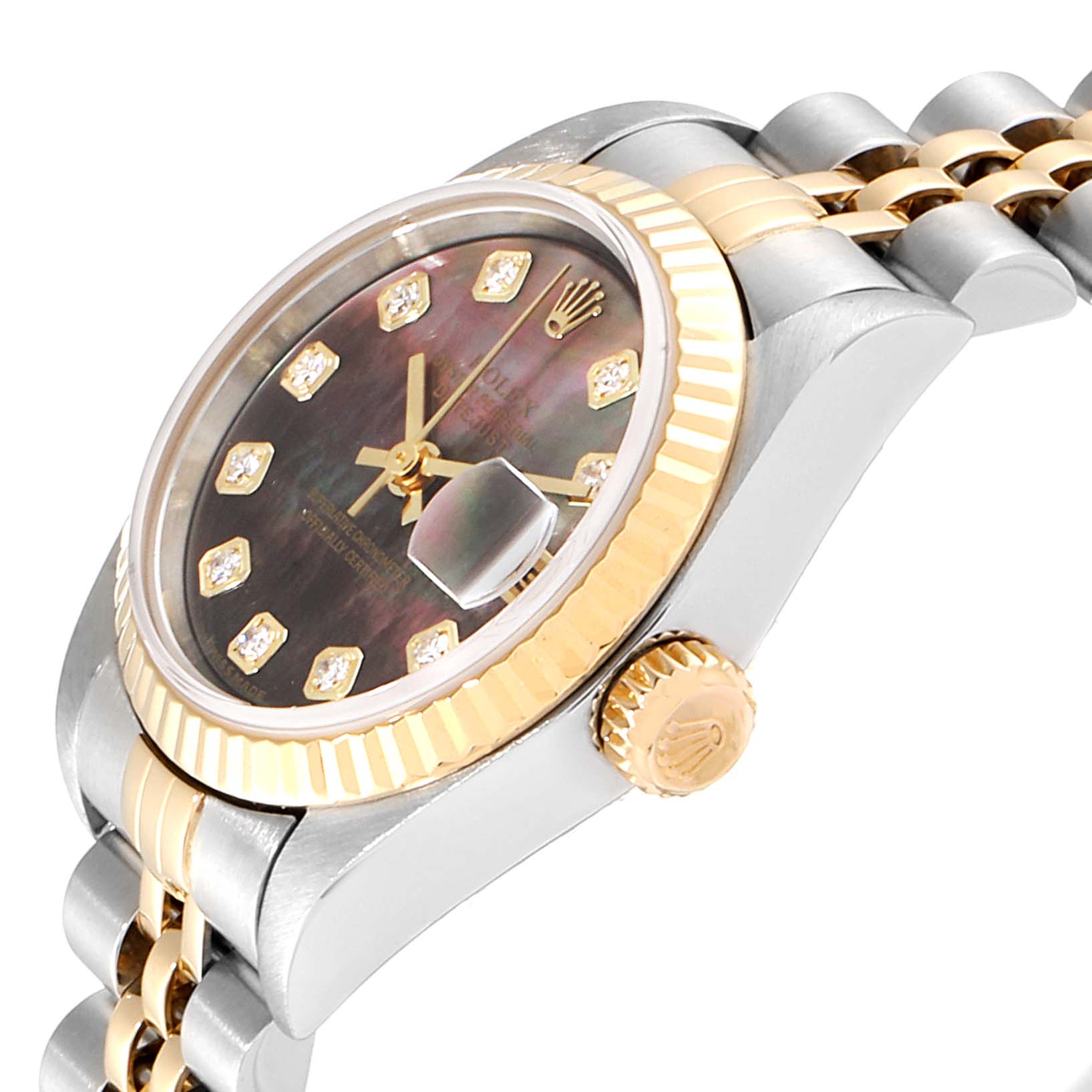 The image shows a close-up side view of a Rolex Datejust 79173 Women
s Steel and Gold (two tone) Mother of Pearl Dial 79173 Women
s Steel and Gold (two tone) Mother of Pearl Dial watch, highlighting the crown, bezel, and part of the bracelet.