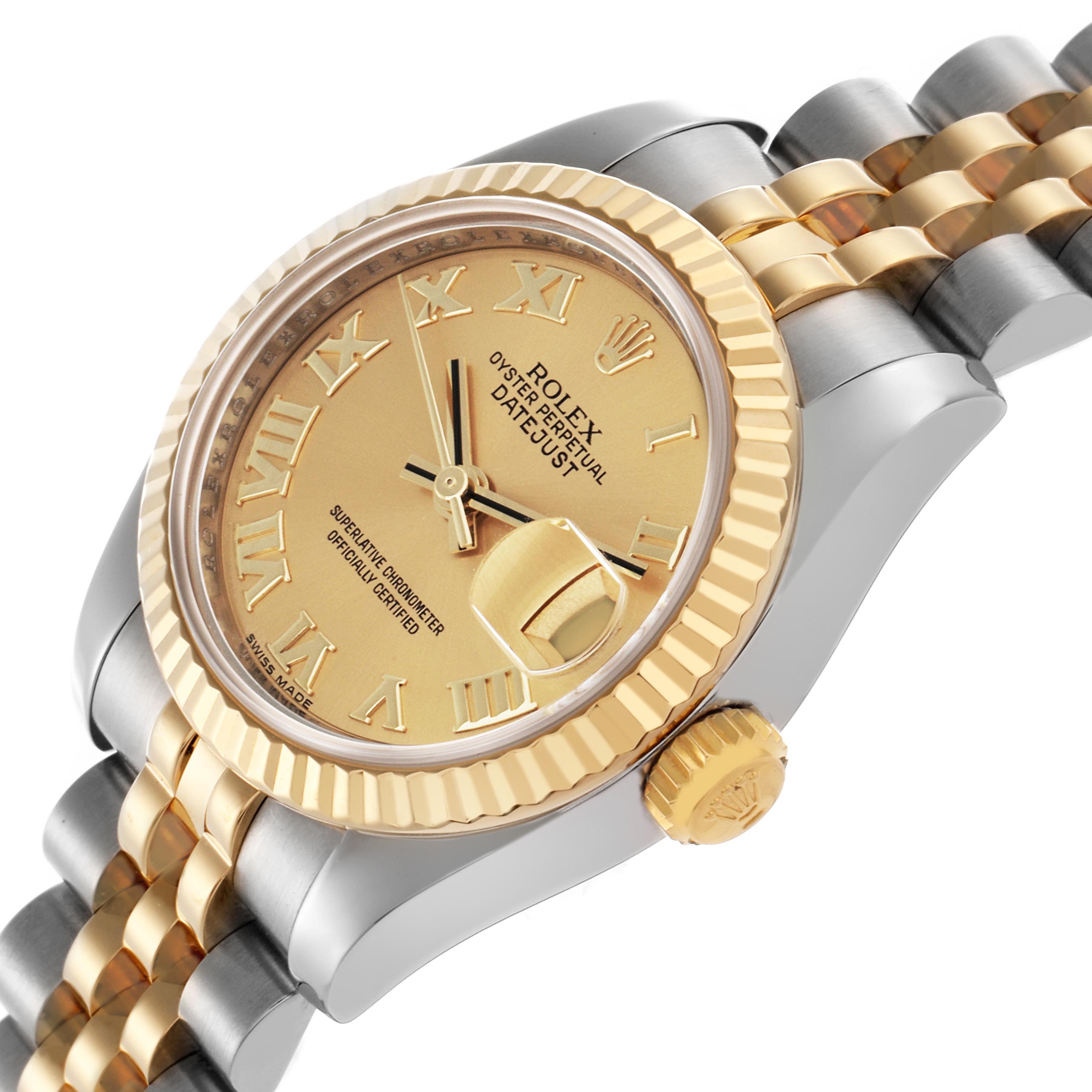 The Rolex Datejust 179173 Women
s Steel and Gold (two tone) Champagne Dial 179173 Women
s Steel and Gold (two tone) Champagne Dial watch is shown at an angled view, highlighting the dial, bezel, crown, and part of the bracelet.