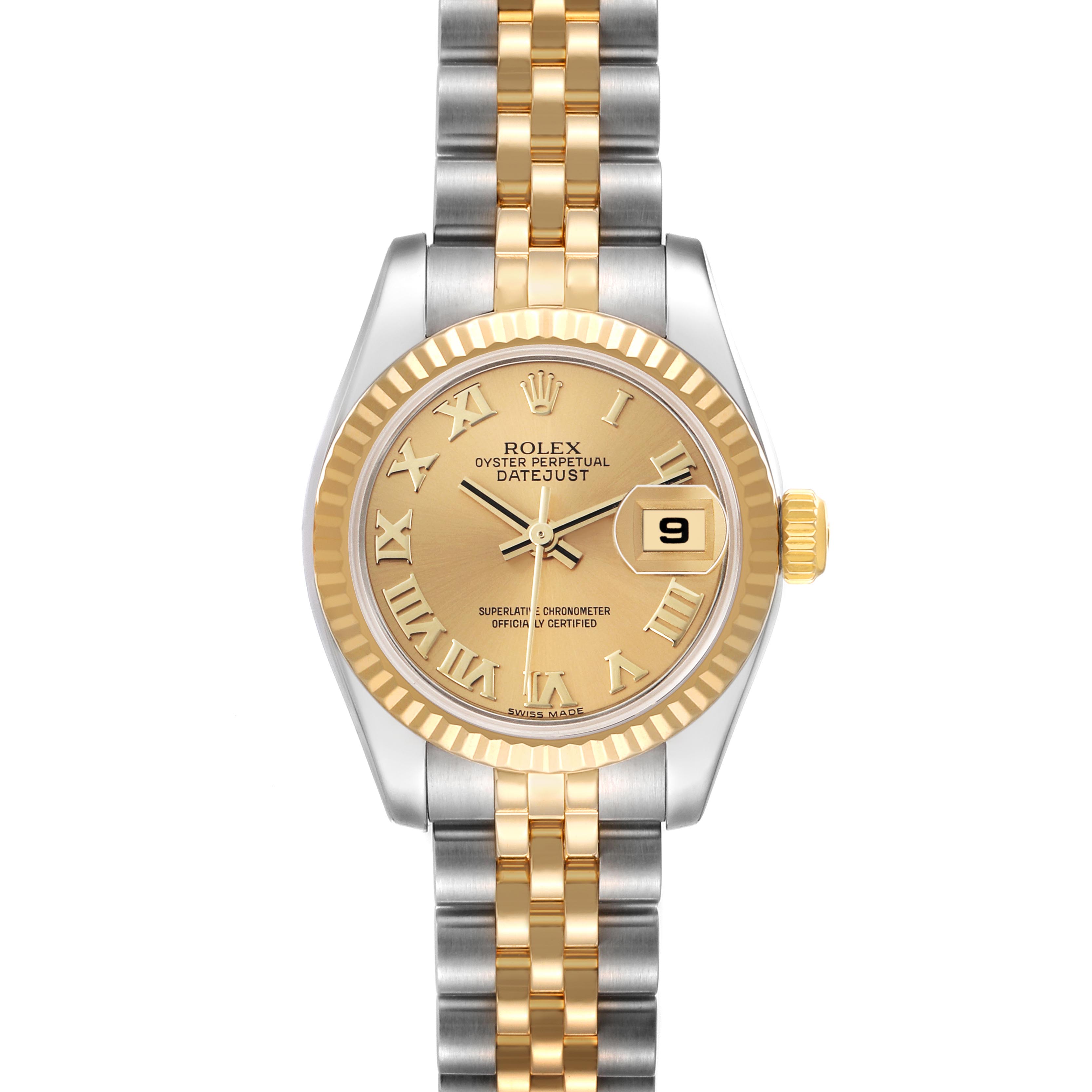 The Rolex Datejust 179173 Women
s Steel and Gold (two tone) Champagne Dial 179173 Women
s Steel and Gold (two tone) Champagne Dial watch is shown from the front, highlighting the gold and silver two-tone case, bracelet, and the dial with a date feature.