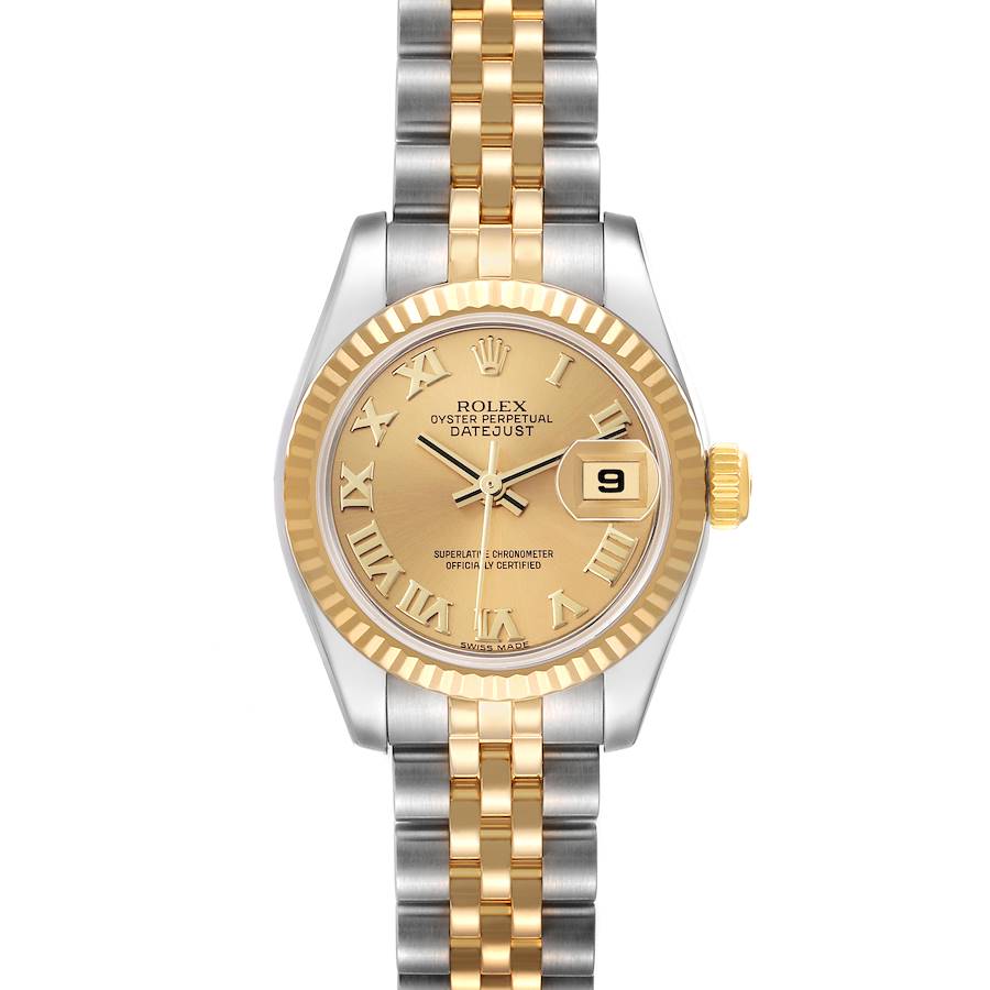 The Rolex Datejust watch is shown from the front, highlighting the gold and silver two-tone case, bracelet, and the dial with a date feature.