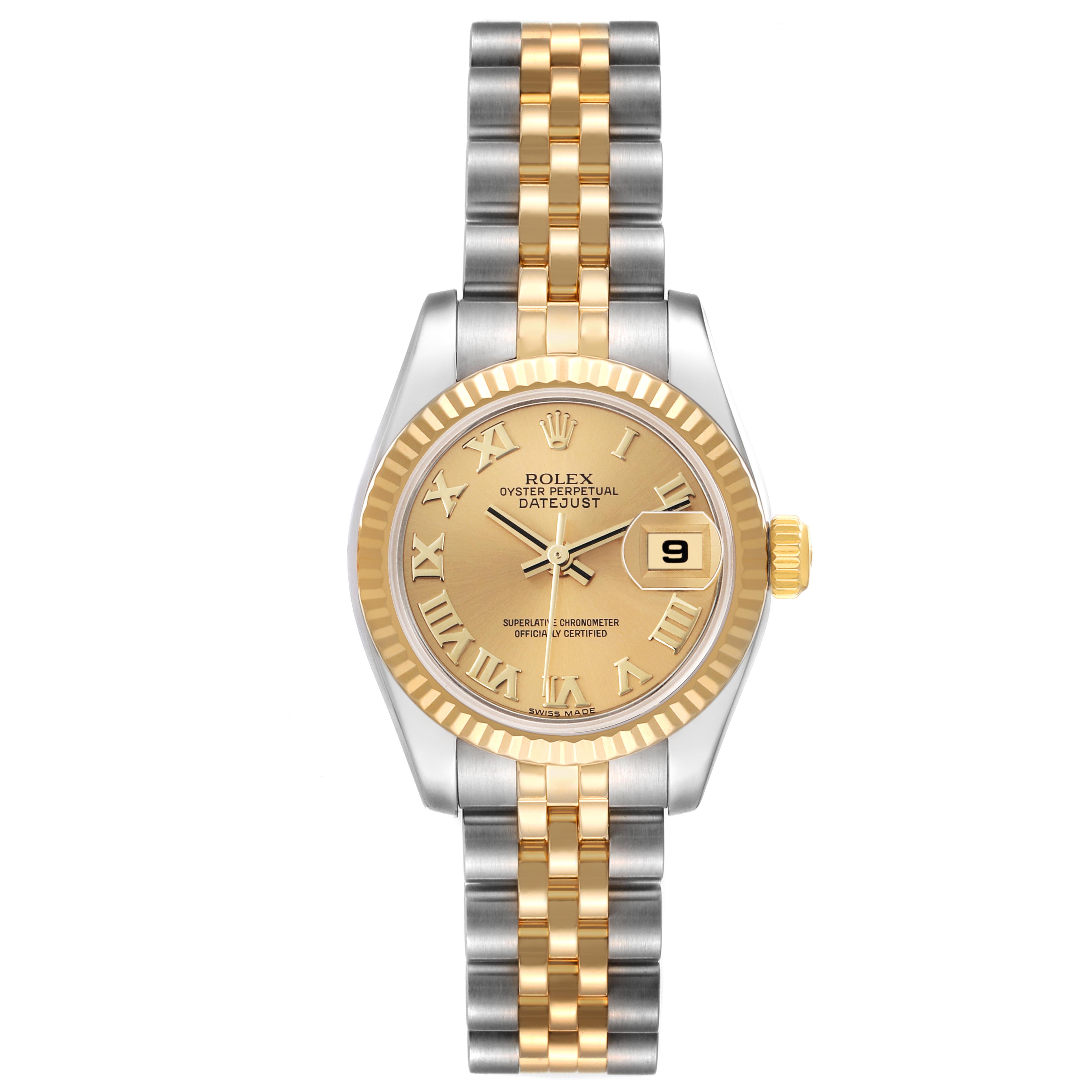The Rolex Datejust 179173 Women
s Steel and Gold (two tone) Champagne Dial 179173 Women
s Steel and Gold (two tone) Champagne Dial watch is shown from a top-down angle, displaying the dial, bezel, bracelet, and date window.