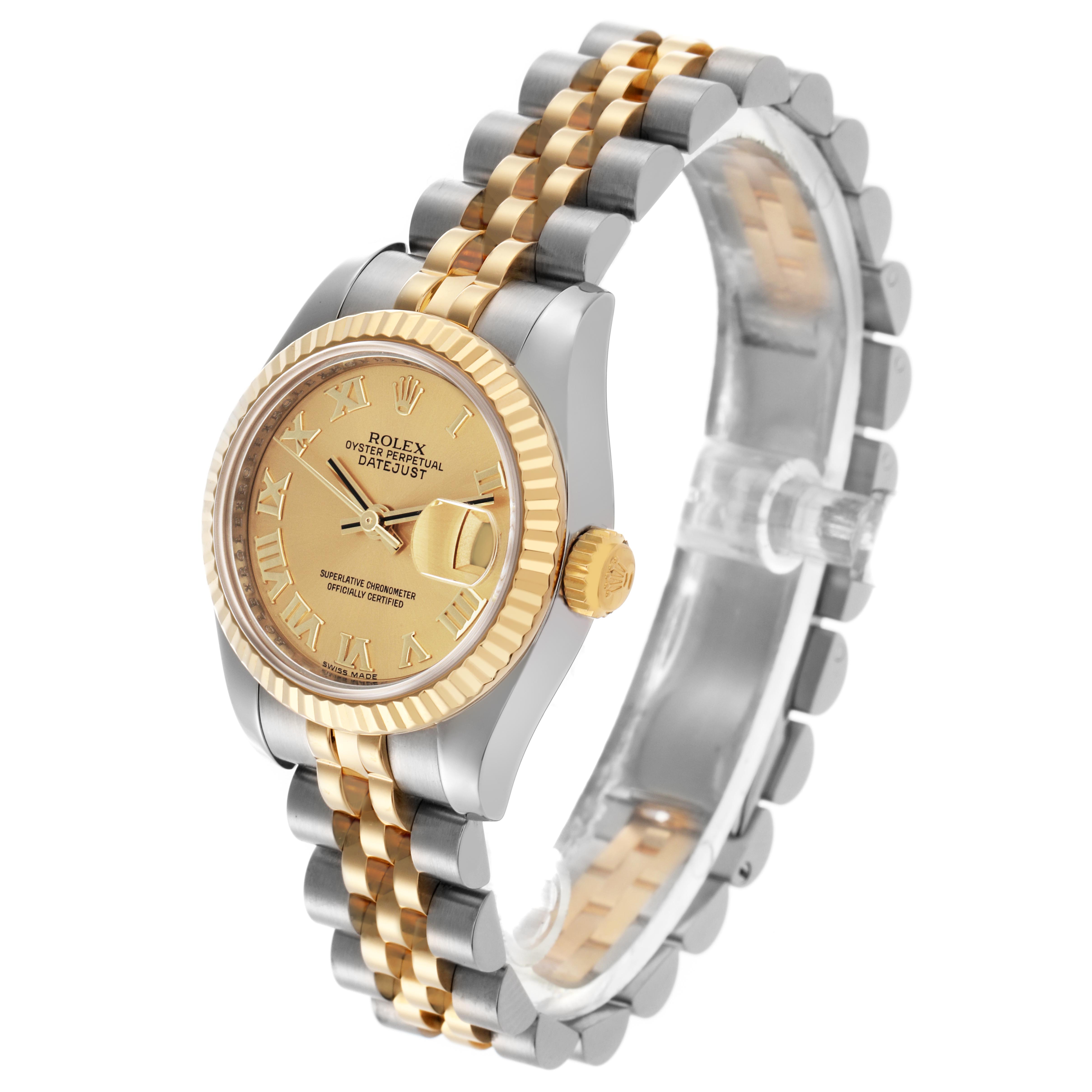 The Rolex Datejust 179173 Women
s Steel and Gold (two tone) Champagne Dial 179173 Women
s Steel and Gold (two tone) Champagne Dial watch is shown at a side angle highlighting the dial, fluted bezel, crown, and two-tone bracelet.
