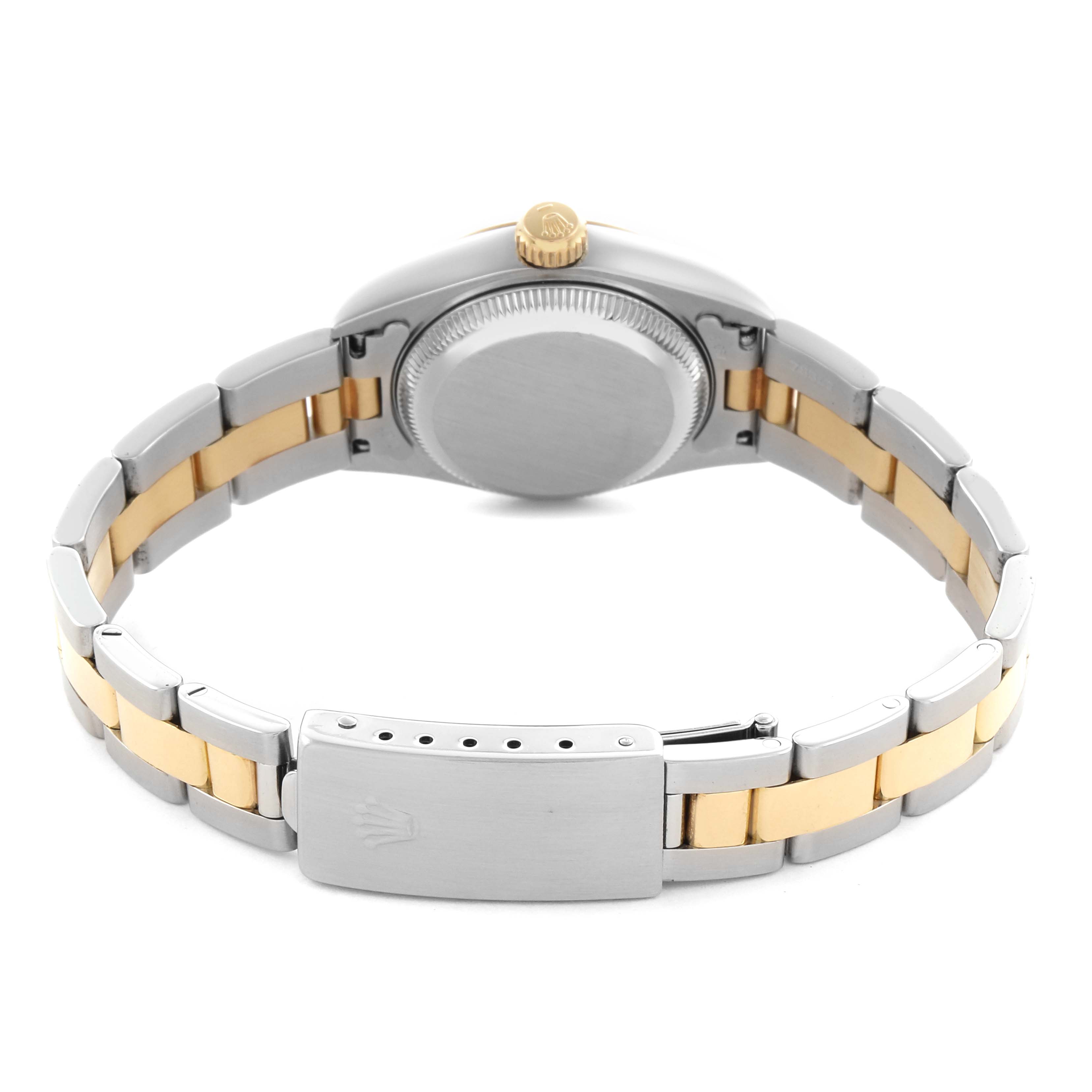 The image shows the back view of a Rolex Datejust 69163 Women
s Steel and Gold (two tone) Grey Dial 69163 Women
s Steel and Gold (two tone) Grey Dial watch, highlighting the case back, gold crown, and two-tone bracelet with a clasp.