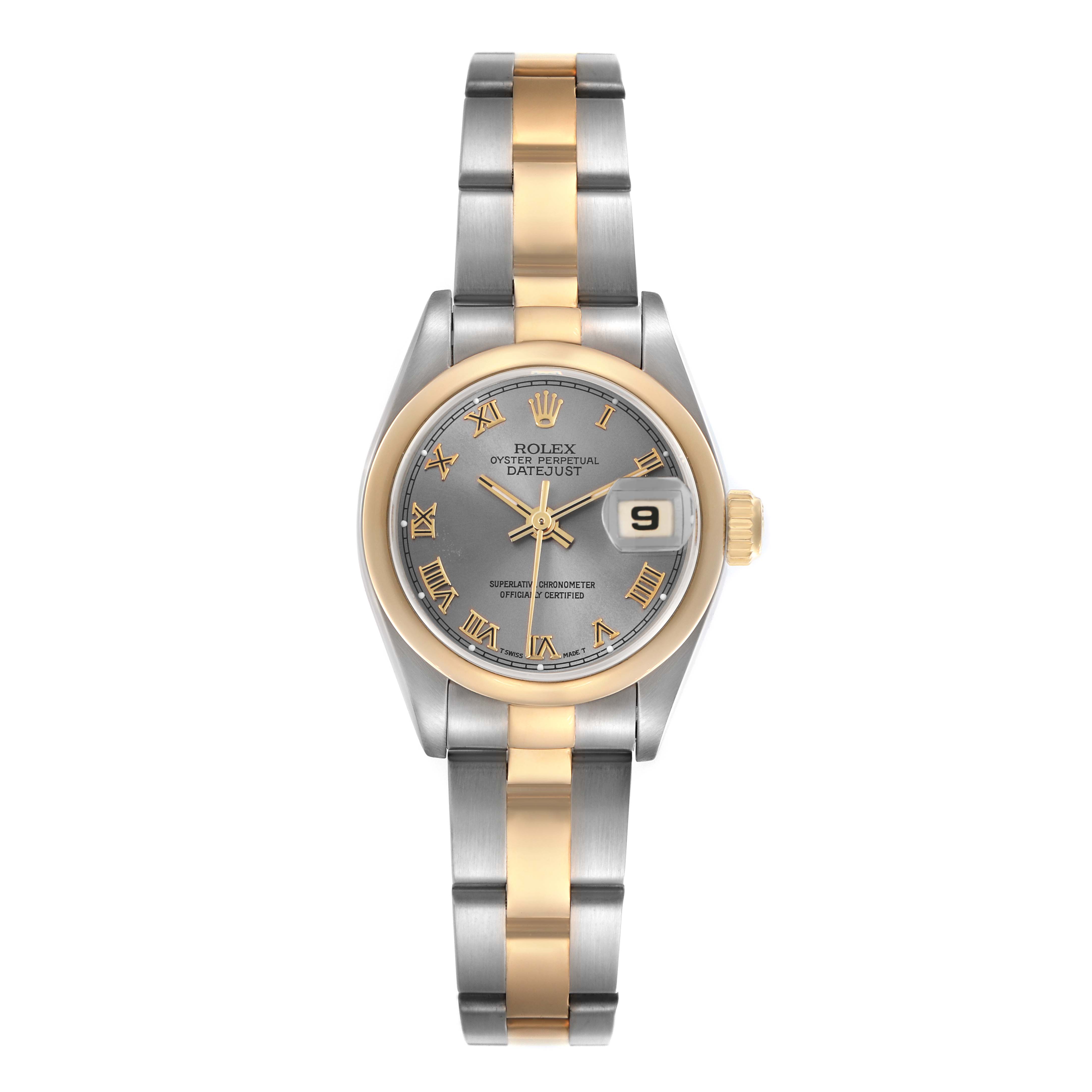 The Rolex Datejust 69163 Women
s Steel and Gold (two tone) Grey Dial 69163 Women
s Steel and Gold (two tone) Grey Dial watch is shown from a front angle, highlighting the dial, case, bezel, and two-tone bracelet.