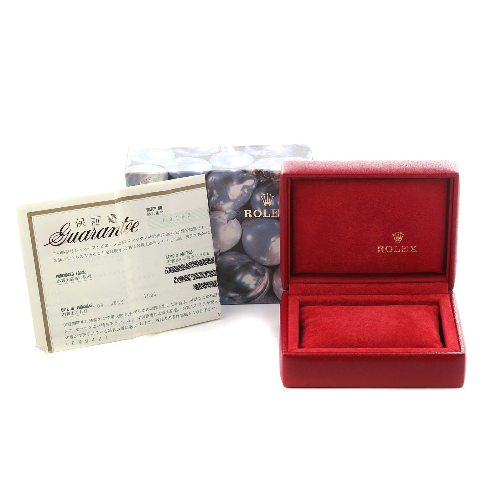 The image shows a Rolex Datejust 69163 Women
s Steel and Gold (two tone) Grey Dial 69163 Women
s Steel and Gold (two tone) Grey Dial watch box, warranty card, and outer packaging from a front angle.