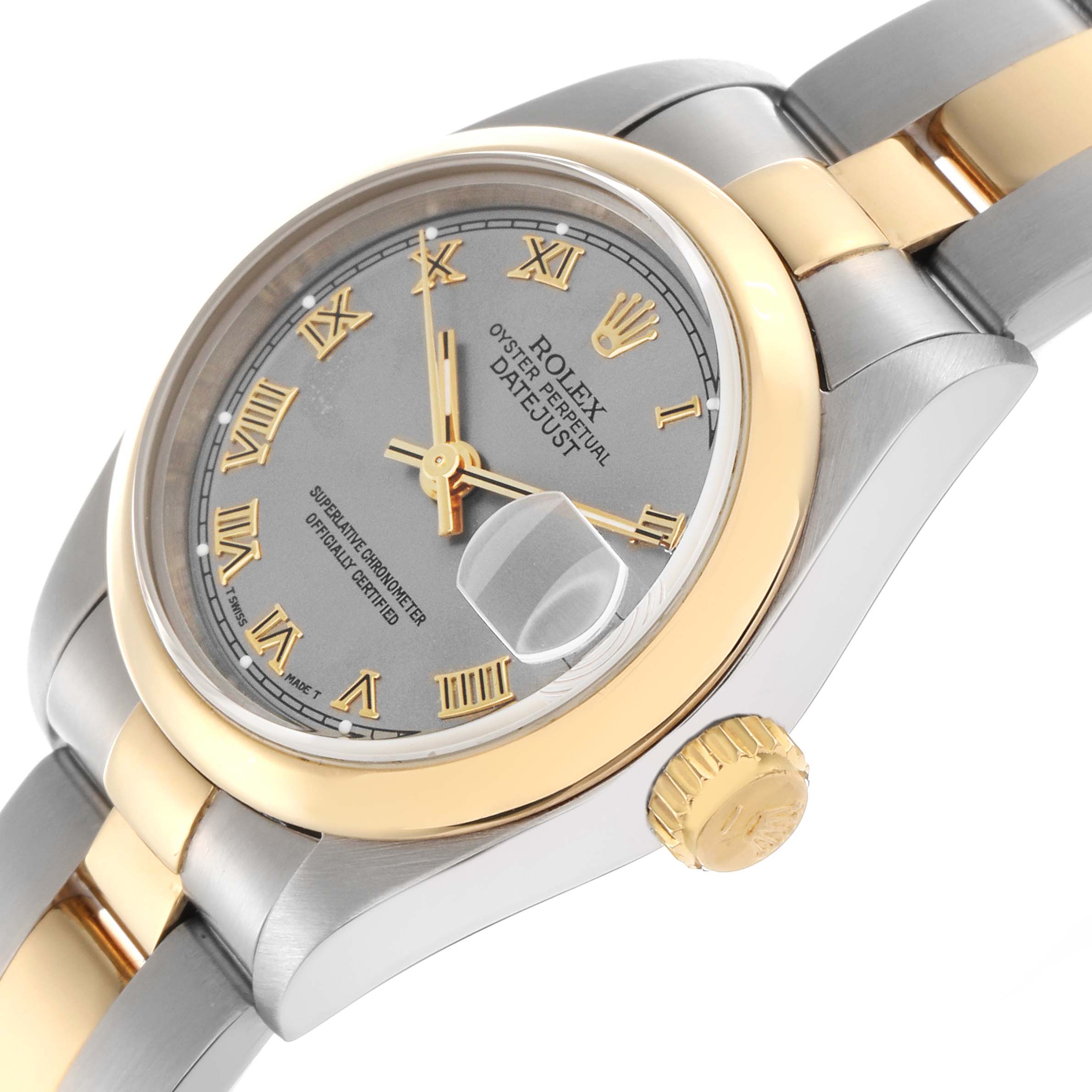 The Rolex Datejust 69163 Women
s Steel and Gold (two tone) Grey Dial 69163 Women
s Steel and Gold (two tone) Grey Dial watch is shown at an angle highlighting the bezel, crown, and part of the bracelet.