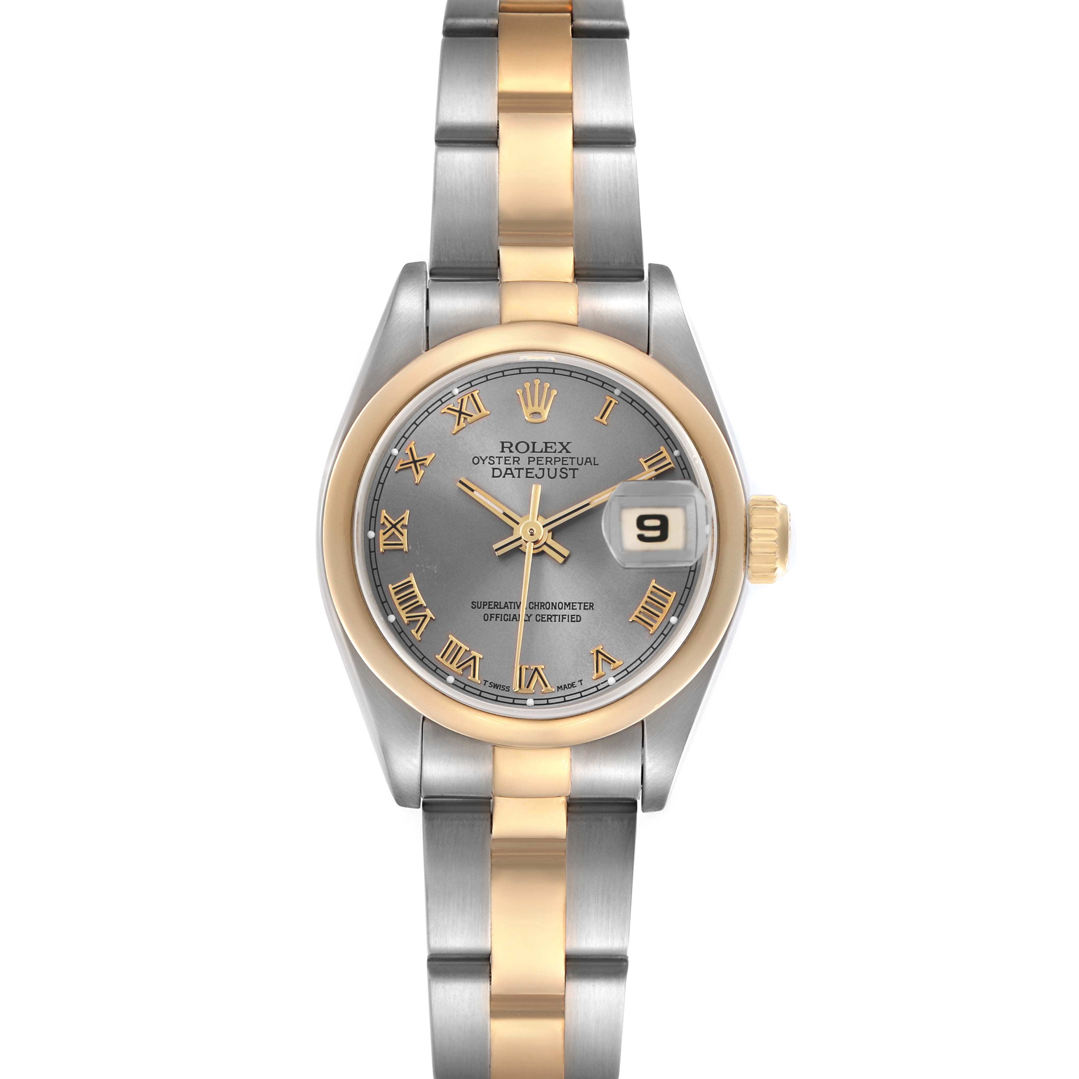 The Rolex Datejust 69163 Women
s Steel and Gold (two tone) Grey Dial 69163 Women
s Steel and Gold (two tone) Grey Dial watch is shown from the front, highlighting its dial, bracelet, and date feature.