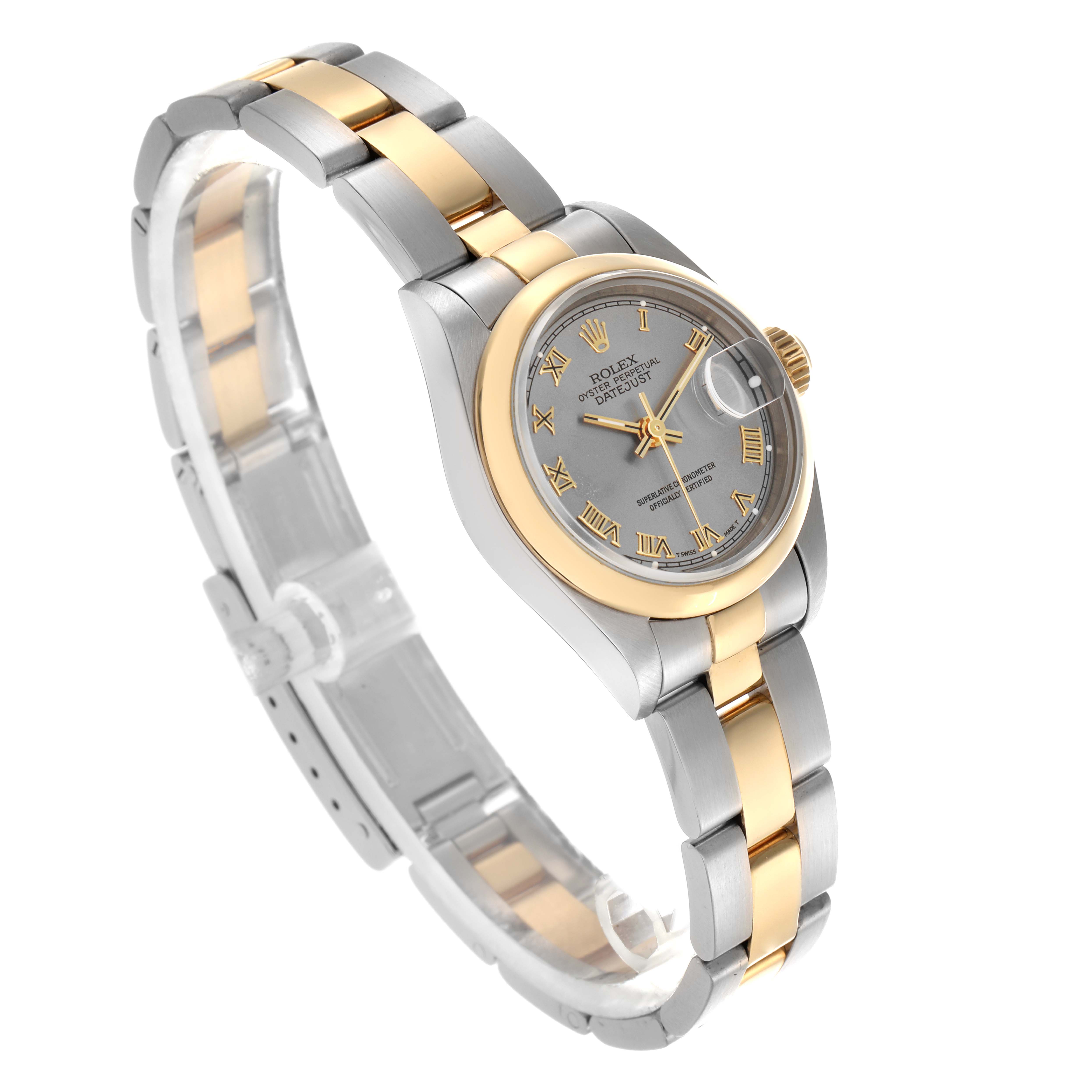 The Rolex Datejust 69163 Women
s Steel and Gold (two tone) Grey Dial 69163 Women
s Steel and Gold (two tone) Grey Dial watch is shown at a three-quarter angle, featuring the bezel, face, bracelet, and crown.