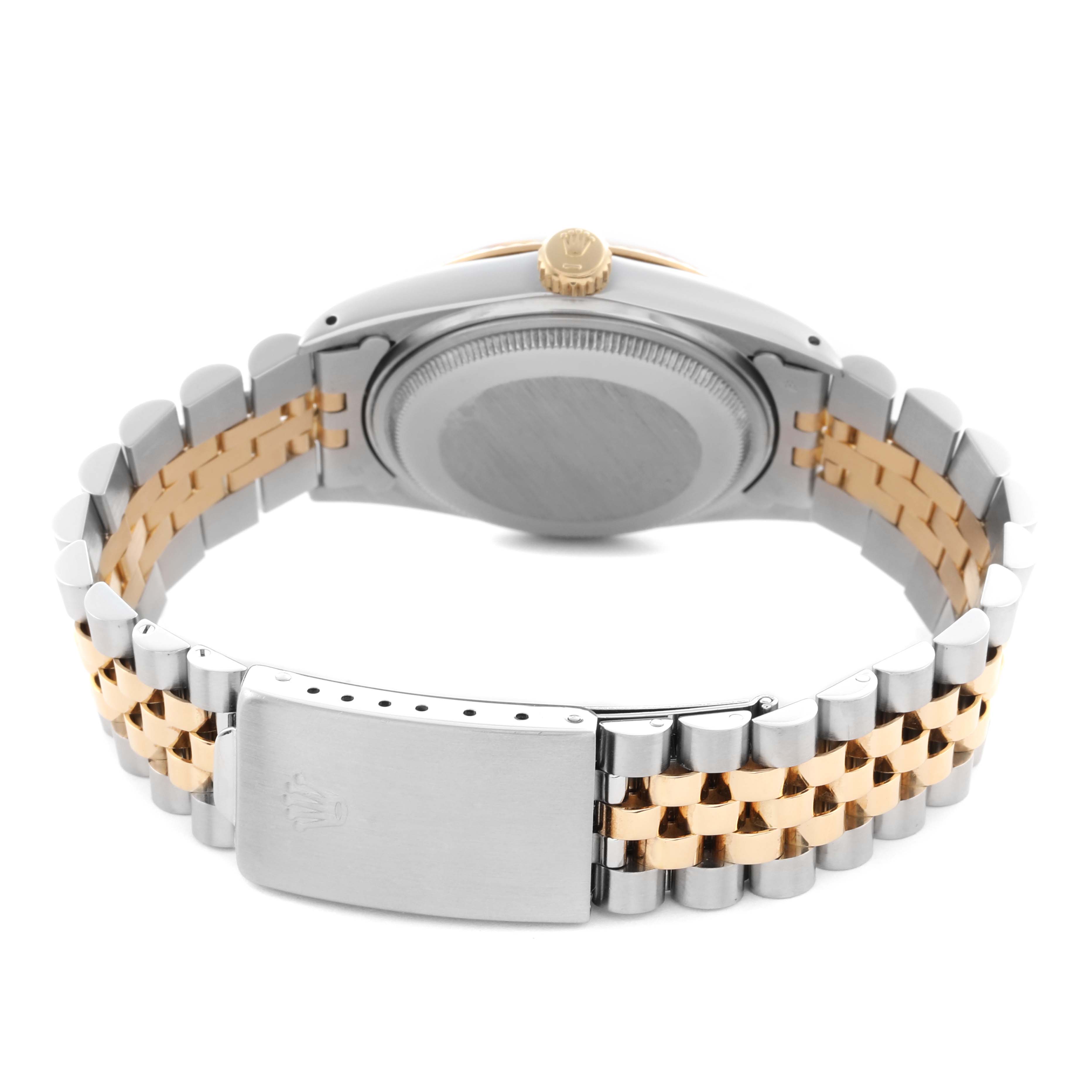 The Rolex Datejust 16013 Men's Steel and Gold (two tone) Champagne Dial 16013 Men's Steel and Gold (two tone) Champagne Dial watch is shown from the back, highlighting the bracelet and clasp.
