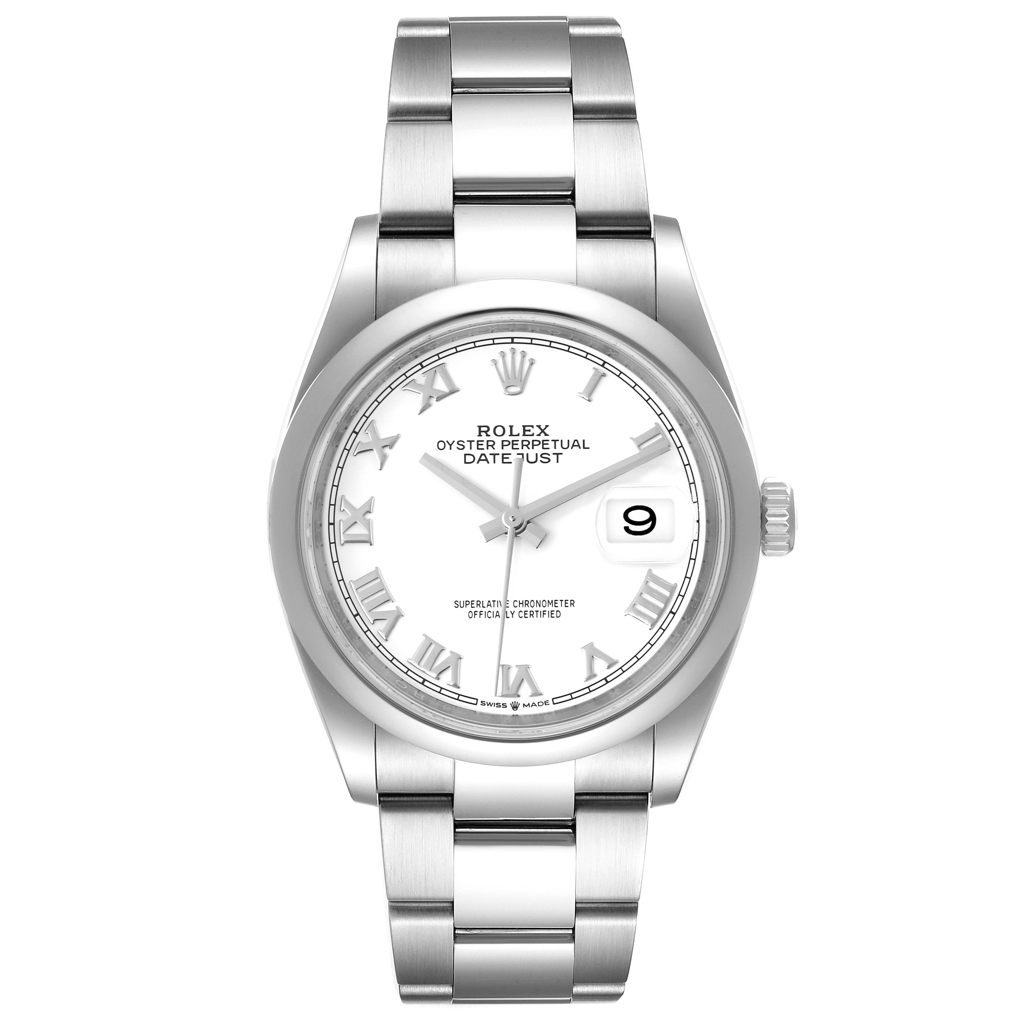 This Rolex Datejust 126200 Men
s Stainless Steel White Dial 126200 Men
s Stainless Steel White Dial watch is shown from a front angle, displaying the bracelet, dial, hands, and date window.