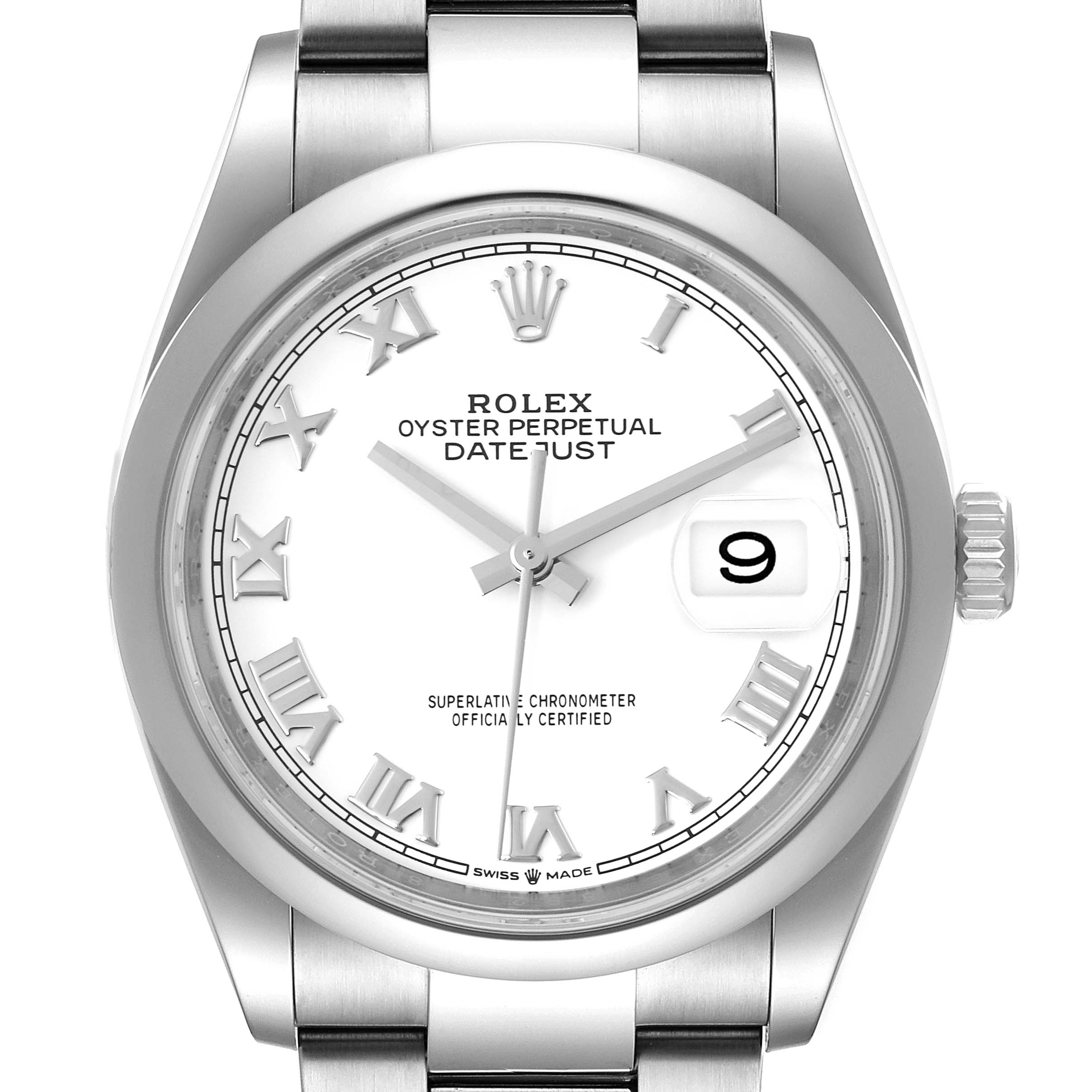 The image shows a front view of a Rolex Datejust 126200 Men
s Stainless Steel White Dial 126200 Men
s Stainless Steel White Dial watch, displaying its face, roman numeral markers, date window, and part of the bracelet.