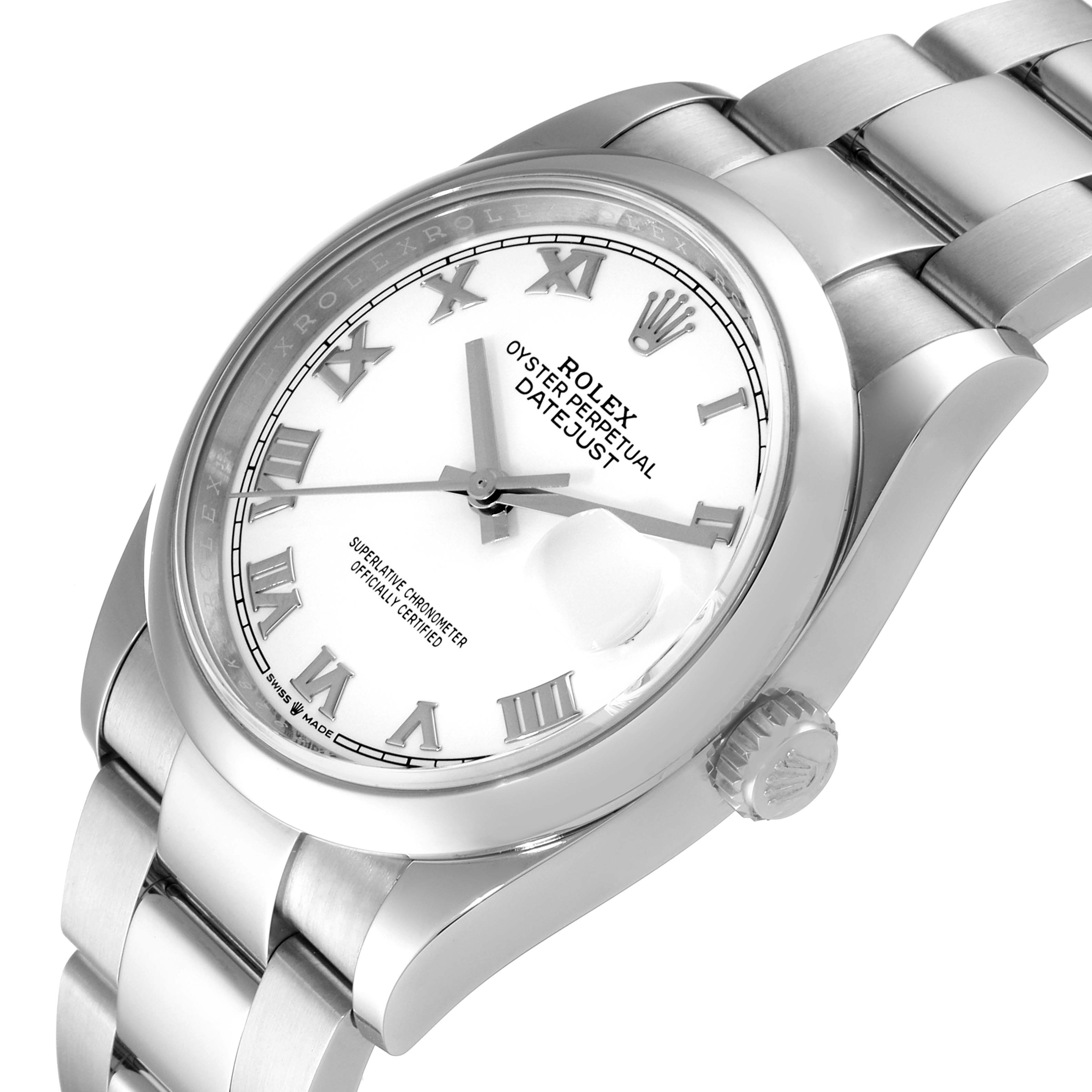 This image shows a Rolex Datejust 126200 Men
s Stainless Steel White Dial 126200 Men
s Stainless Steel White Dial watch from an angled top view, highlighting the dial, bezel, crown, and a portion of the bracelet.