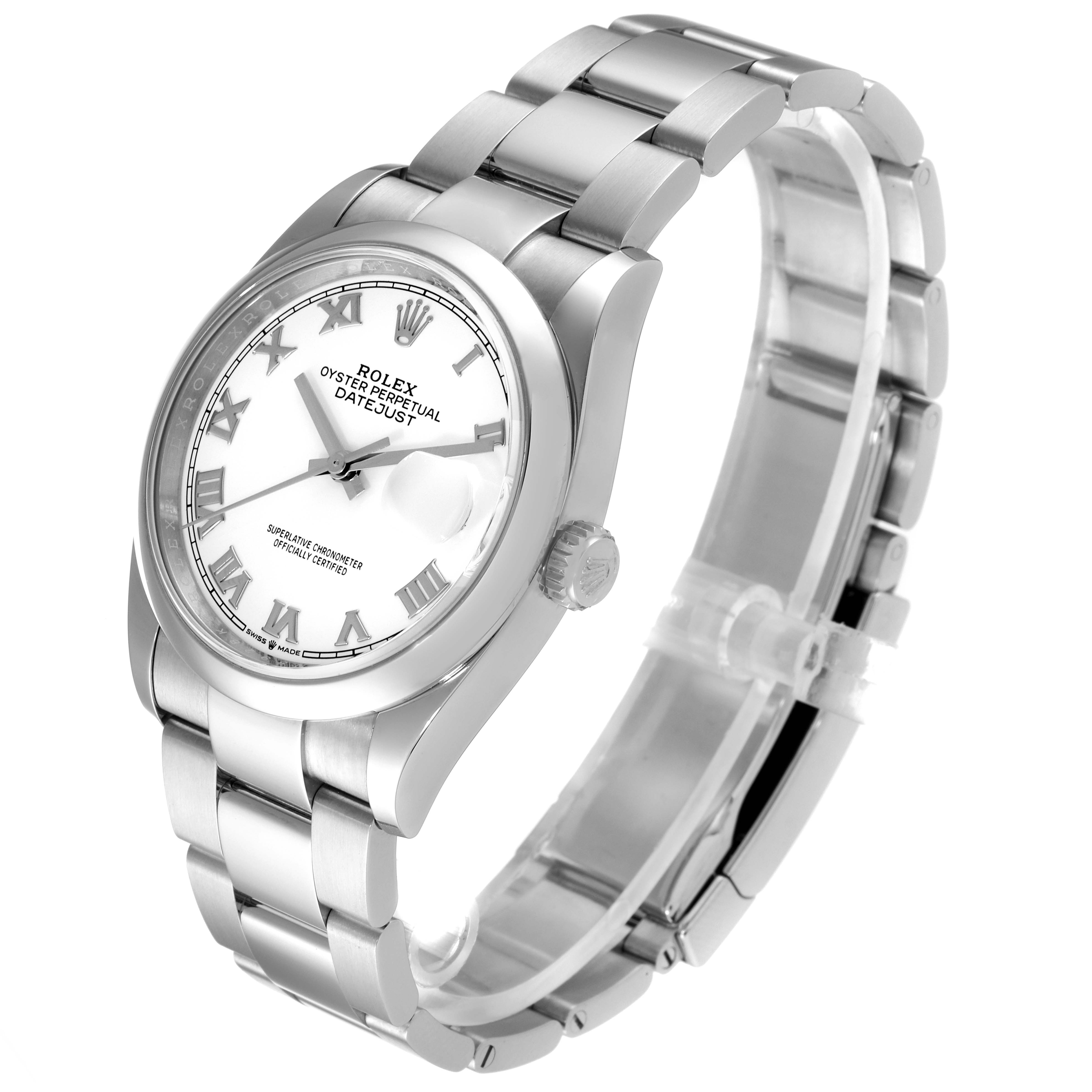 The Rolex Datejust 126200 Men
s Stainless Steel White Dial 126200 Men
s Stainless Steel White Dial watch is shown at a three-quarter angle, displaying its face, bezel, crown, and part of the bracelet.