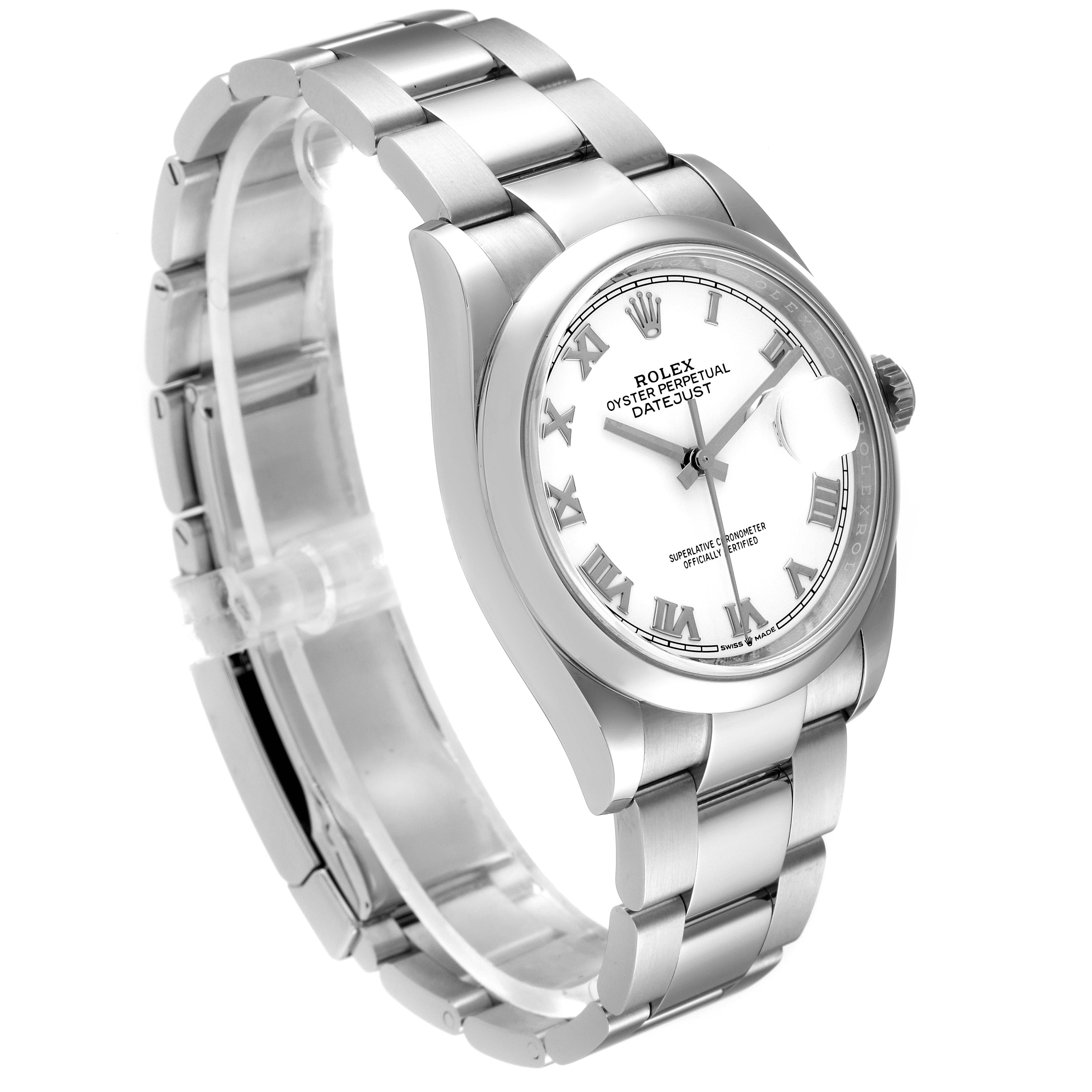 This image shows the Rolex Datejust 126200 Men
s Stainless Steel White Dial 126200 Men
s Stainless Steel White Dial watch from a front angle, highlighting the face, bezel, case, and bracelet.
