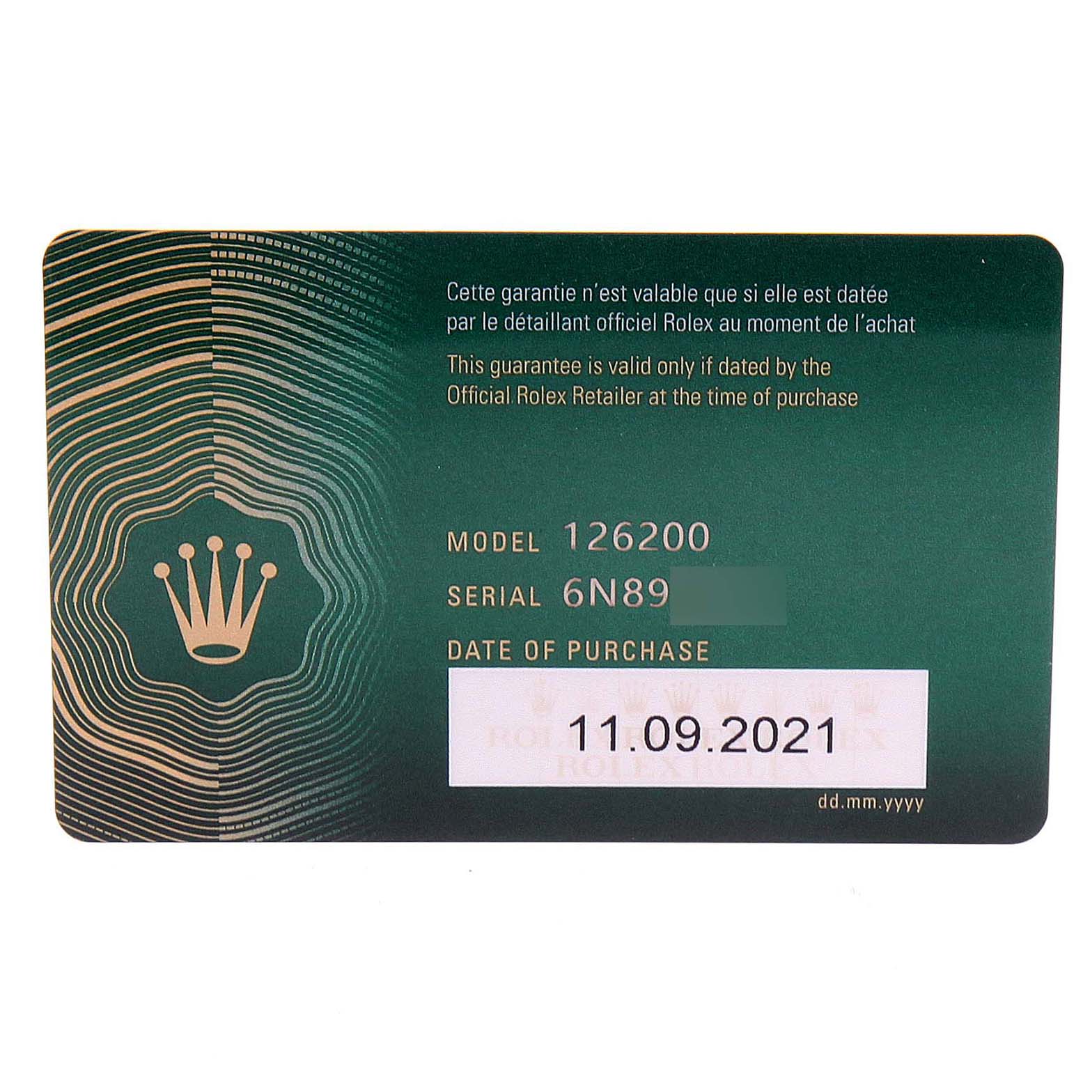 This image shows the warranty card for a Rolex Datejust 126200 Men
s Stainless Steel White Dial 126200 Men
s Stainless Steel White Dial model 126200 with a purchase date of 11.09.2021.